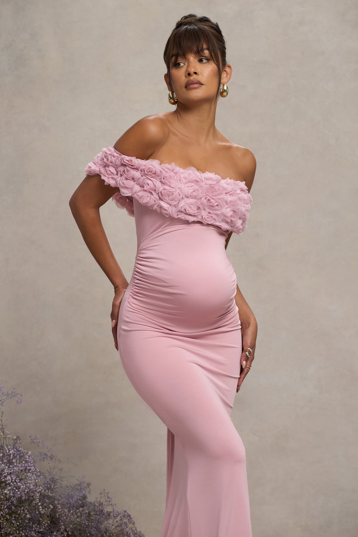 Inflorescence Blush Pink Mesh Floral Bardot Maternity Maxi Dress Club