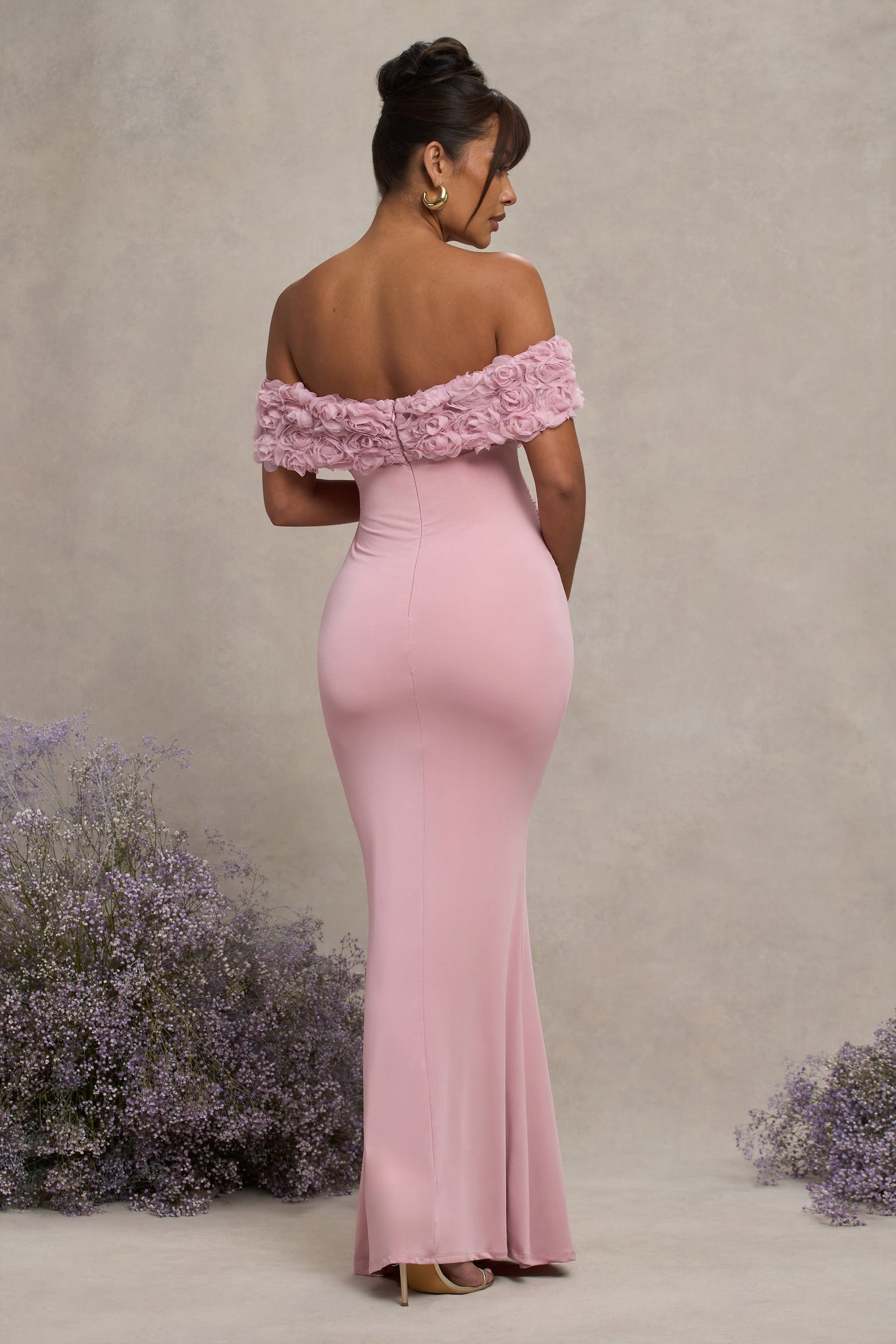 Inflorescence | Blush Pink Mesh Floral Bardot Maternity Maxi Dress - Club L London - AUS