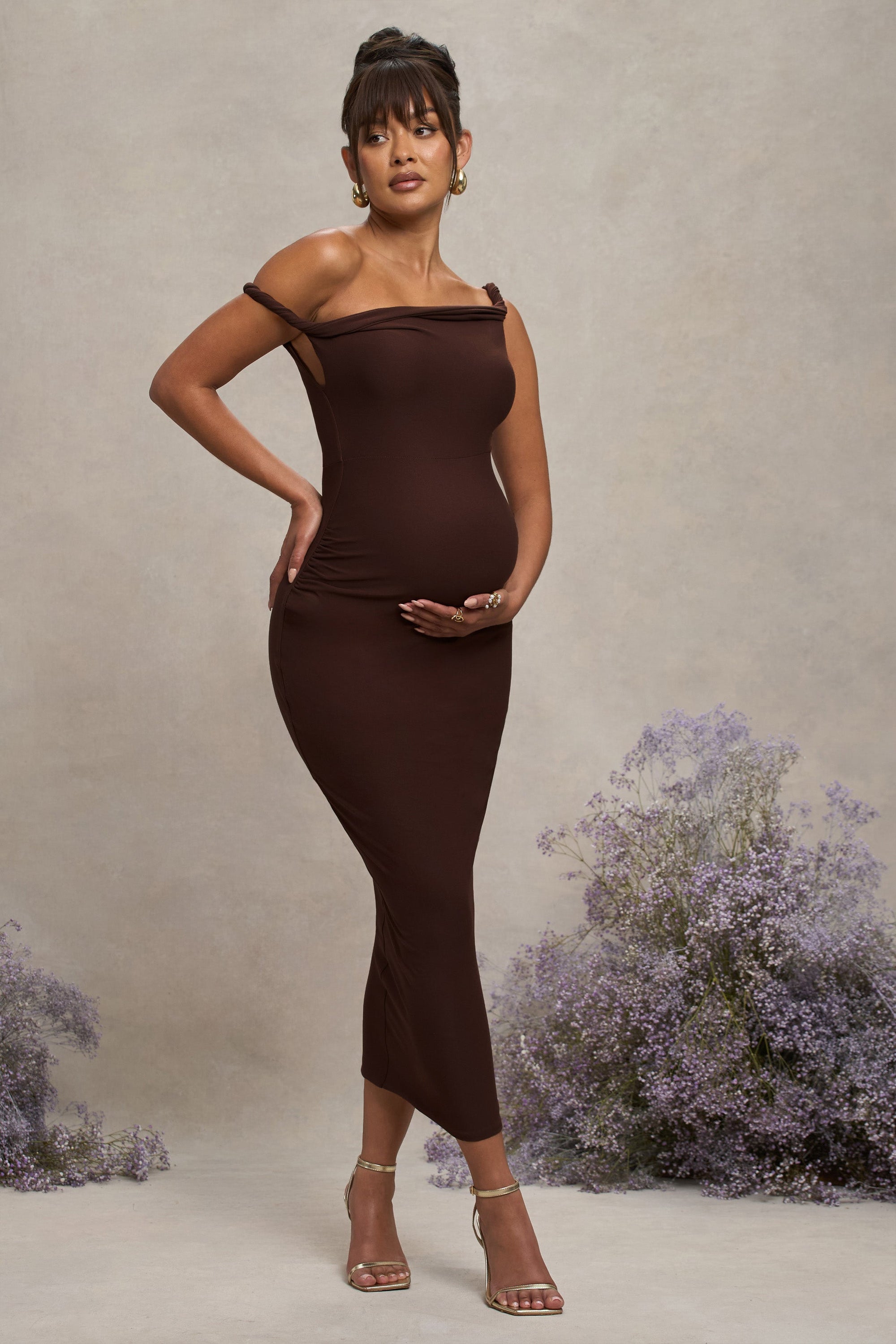 Salome | Chocolate Brown Twisted Asymmetric Maternity Midi Dress - Club L London - AUS