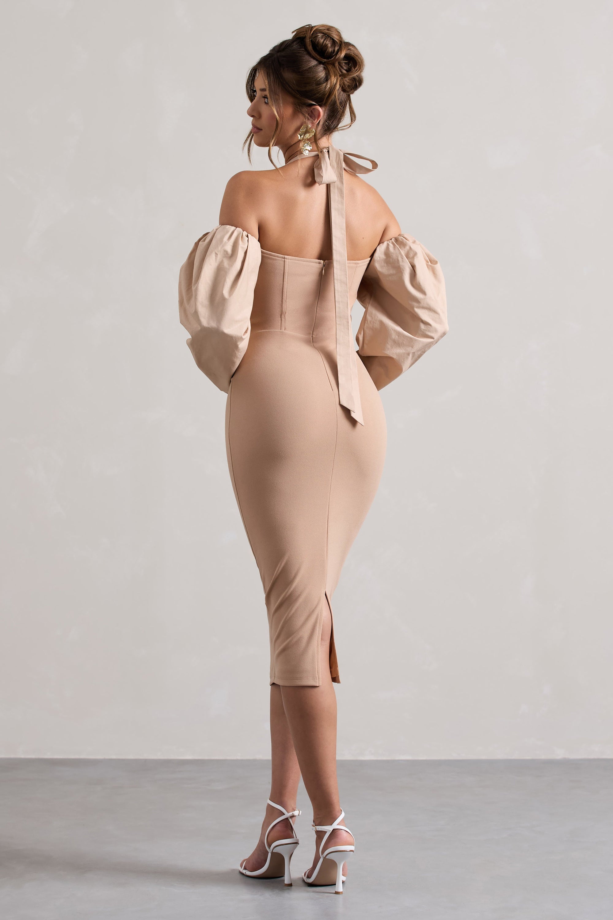 Couture Client | Champagne Halter-Neck Puff Sleeve Midi Dress - Club L London - AUS