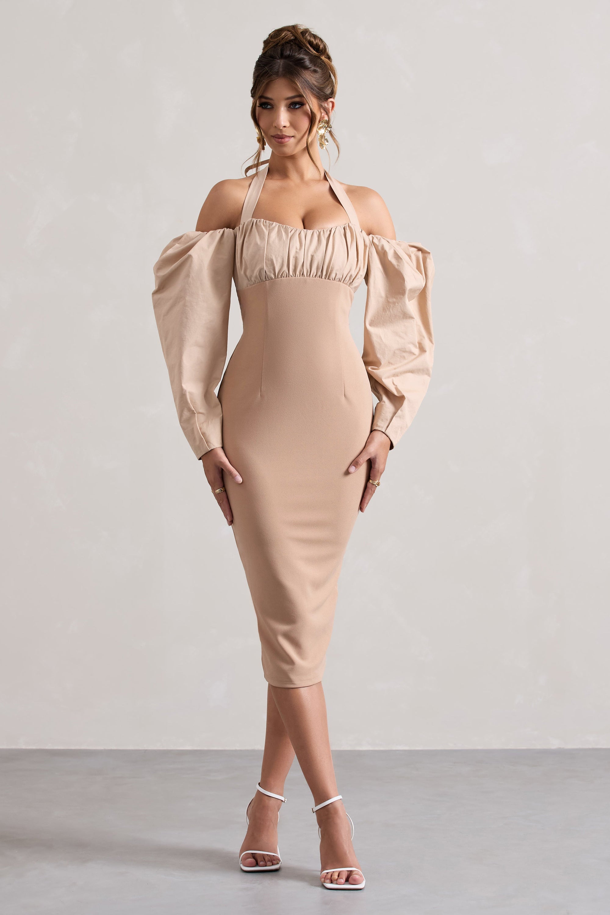 Couture Client | Champagne Halter-Neck Puff Sleeve Midi Dress - Club L London - AUS