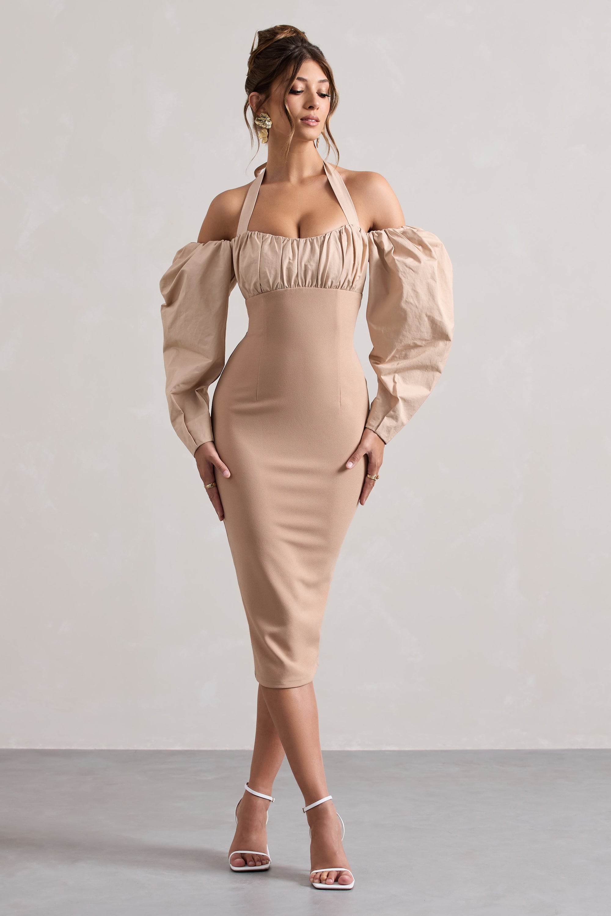 Couture Client | Champagne Halter-Neck Puff Sleeve Midi Dress - Club L London - AUS