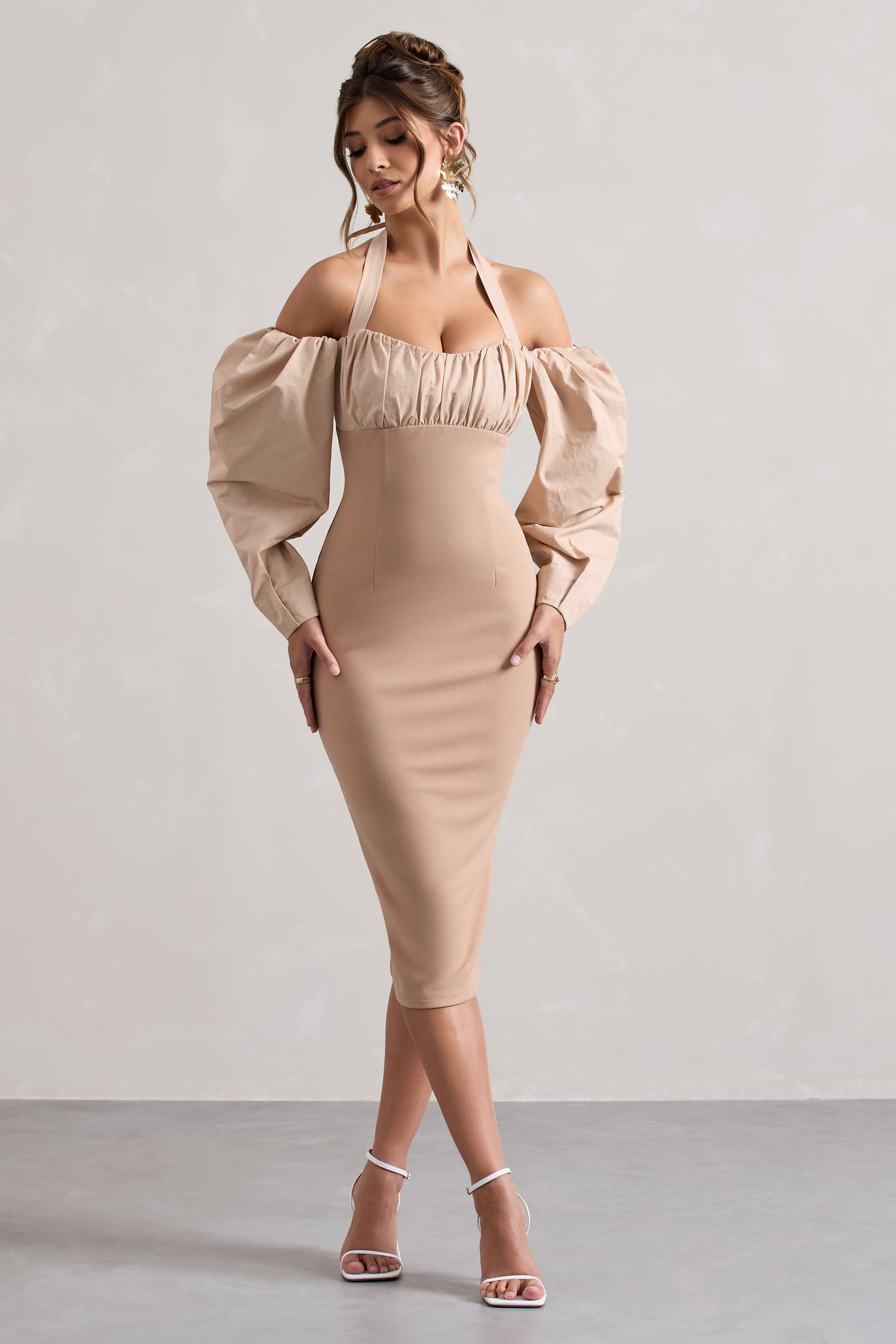Couture Client | Champagne Halter-Neck Puff Sleeve Midi Dress - Club L London - AUS