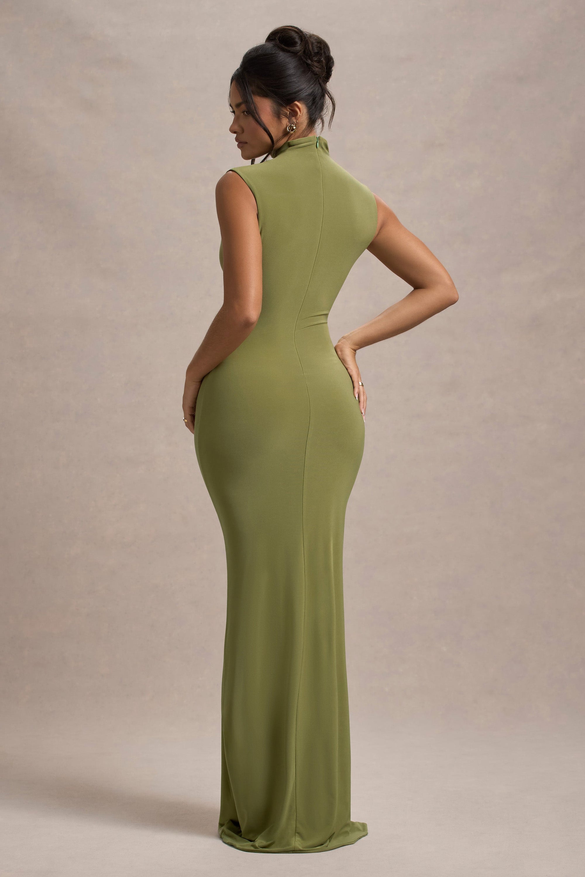 Lanetta | Olive Ruched High-Neck Maxi Dress With Split - Club L London - AUS