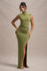 Lanetta | Olive Ruched High-Neck Maxi Dress With Split - Club L London - AUS