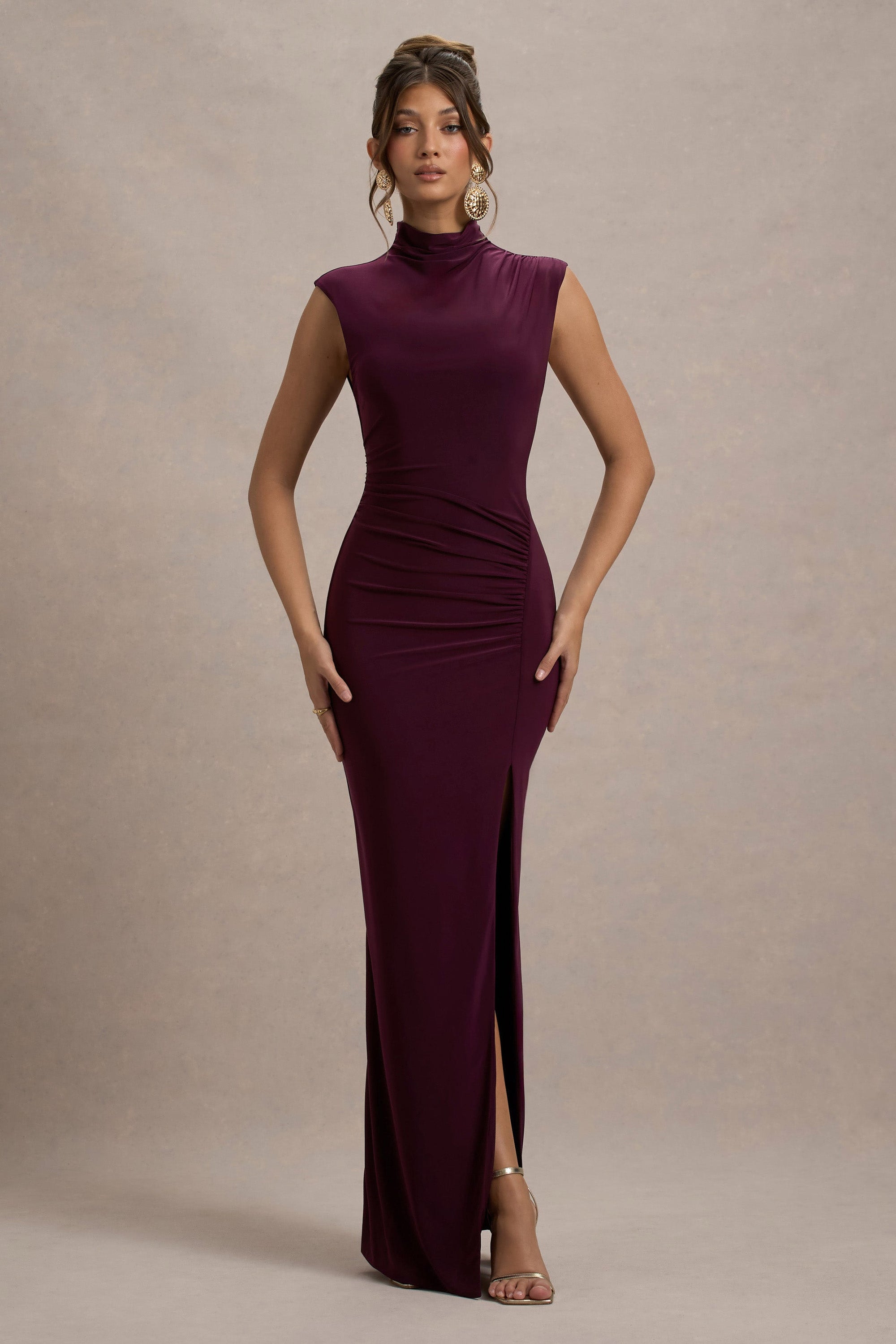 Lanetta | Plum Ruched High-Neck Maxi Dress With Split - Club L London - AUS