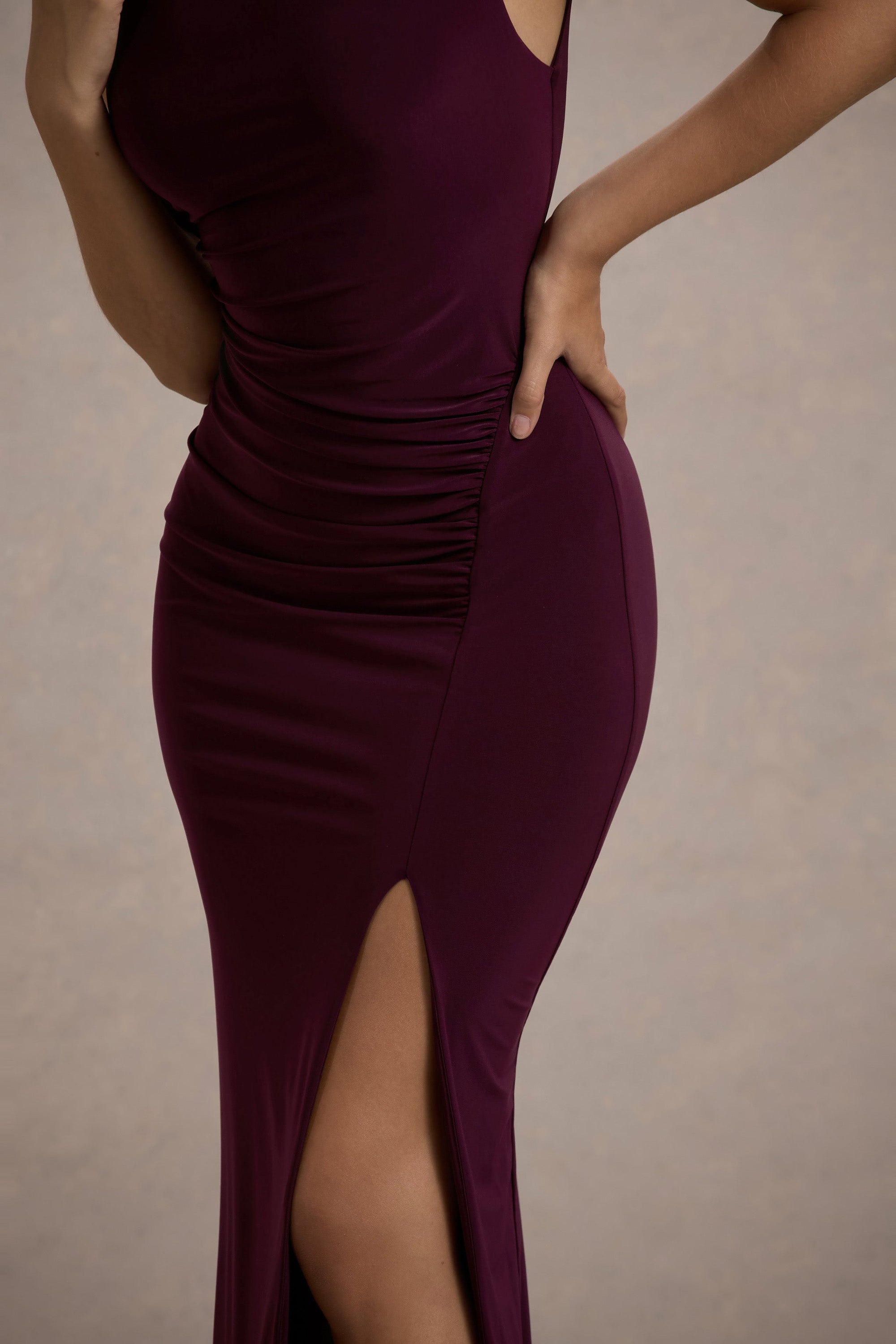 Lanetta | Plum Ruched High-Neck Maxi Dress With Split - Club L London - AUS