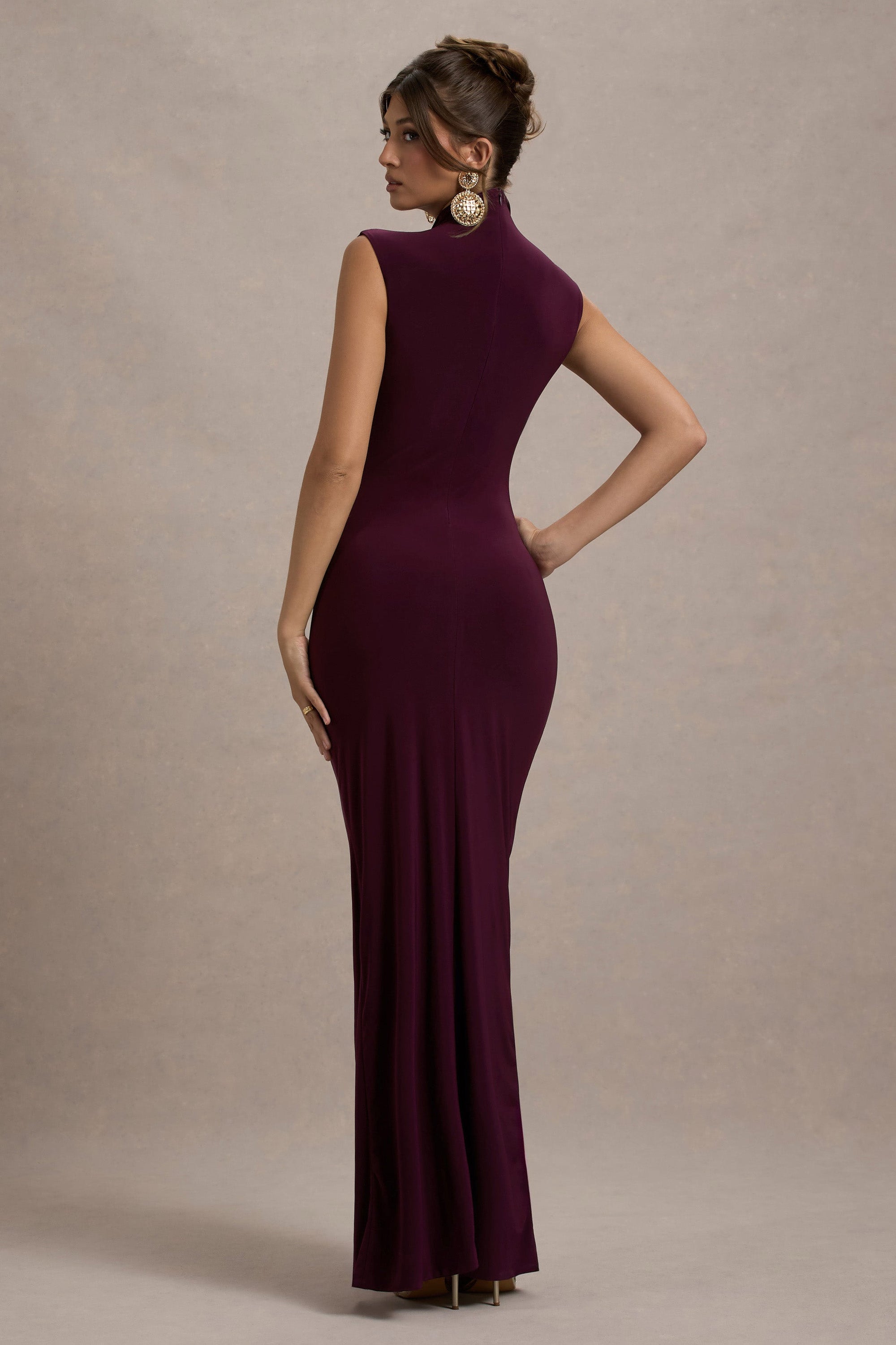Lanetta | Plum Ruched High-Neck Maxi Dress With Split - Club L London - AUS
