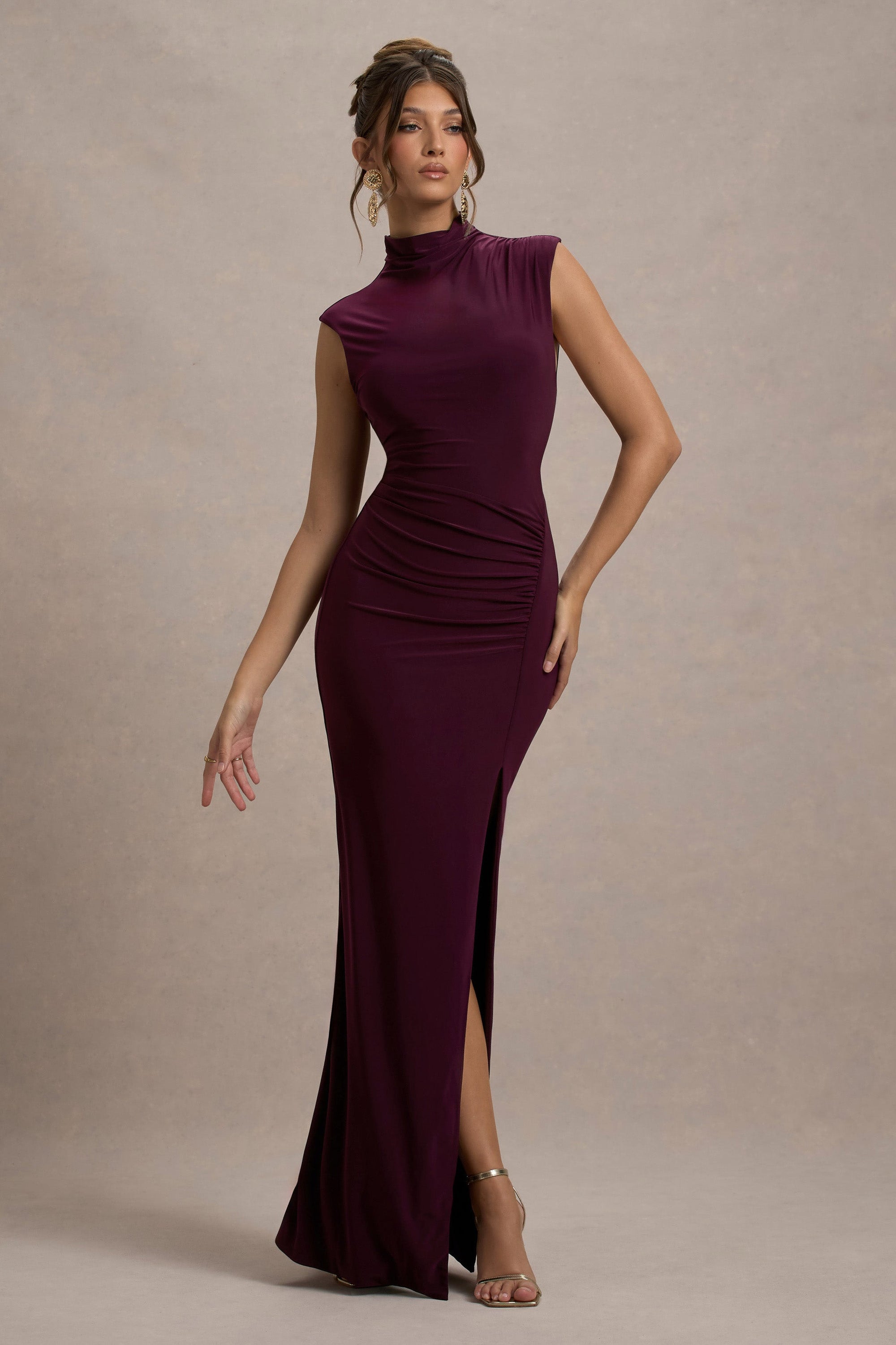 Lanetta | Plum Ruched High-Neck Maxi Dress With Split - Club L London - AUS