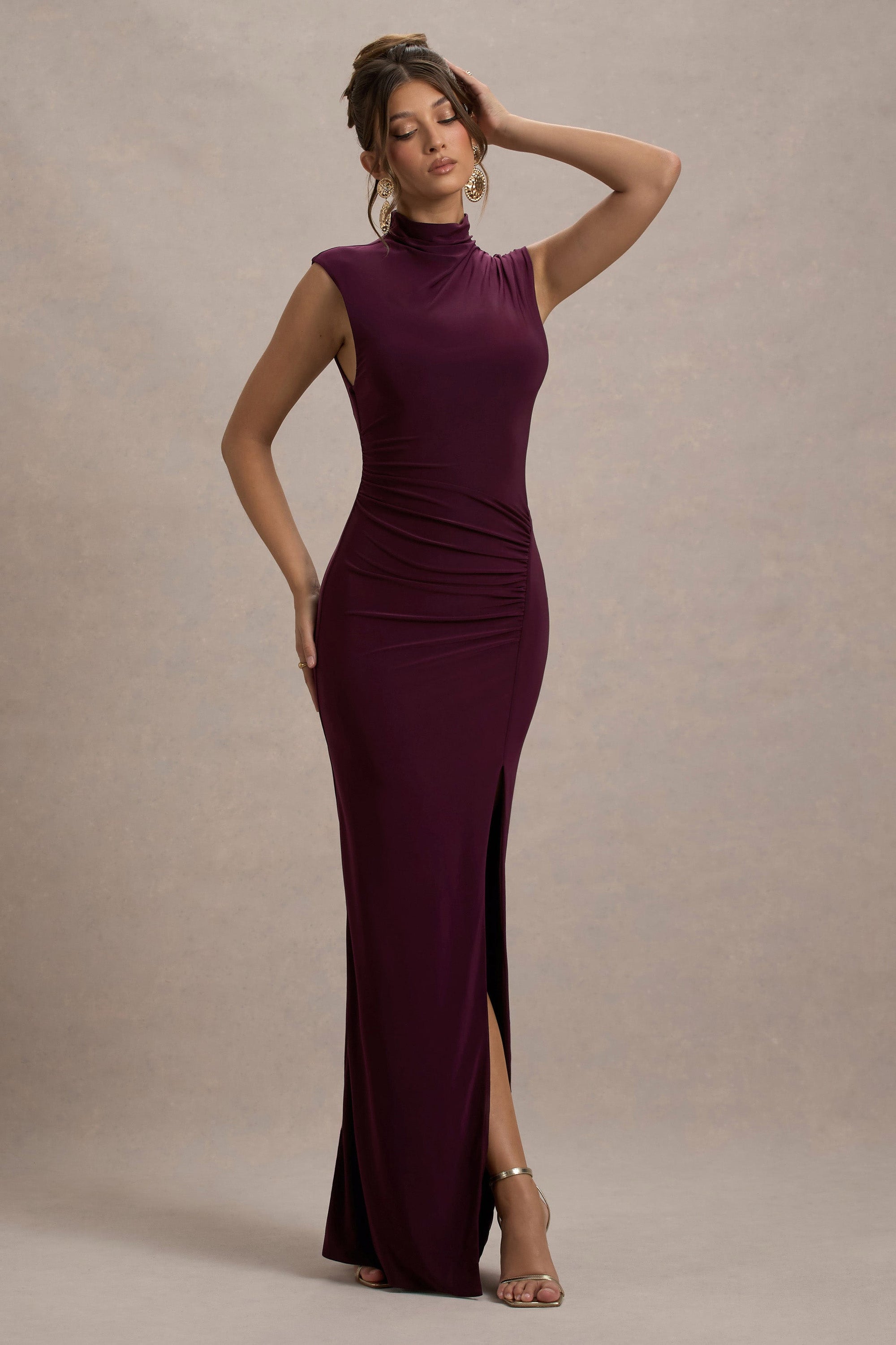 Lanetta | Plum Ruched High-Neck Maxi Dress With Split - Club L London - AUS