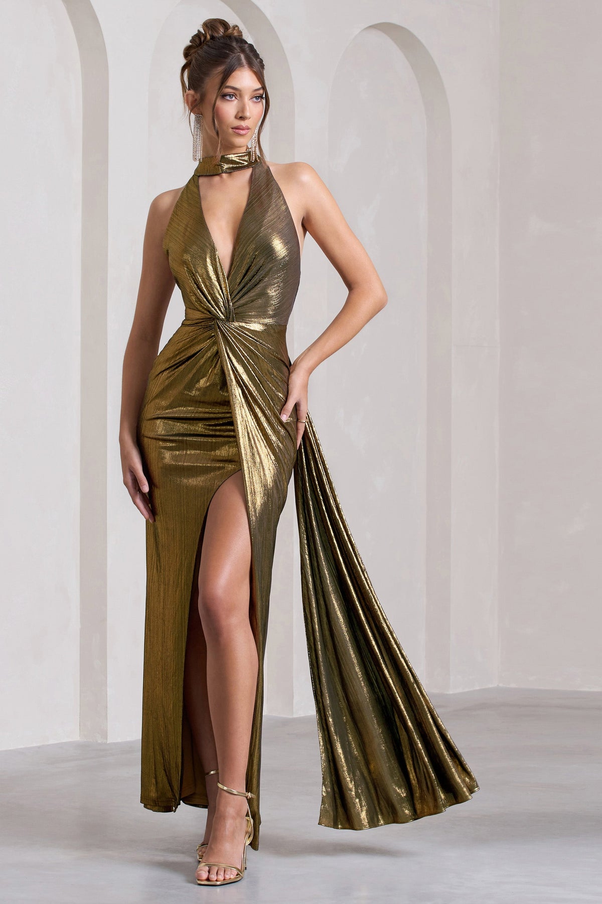 Lost Gold Metallic Halter-Neck Cut-Out Split Maxi Dress With Drape – Club L  London - AUS