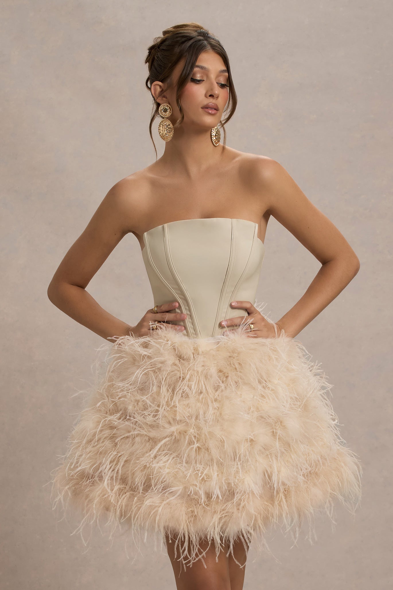 Peaches | Champagne Strapless Mini Dress With Volume Feather Hem - Club L London - AUS