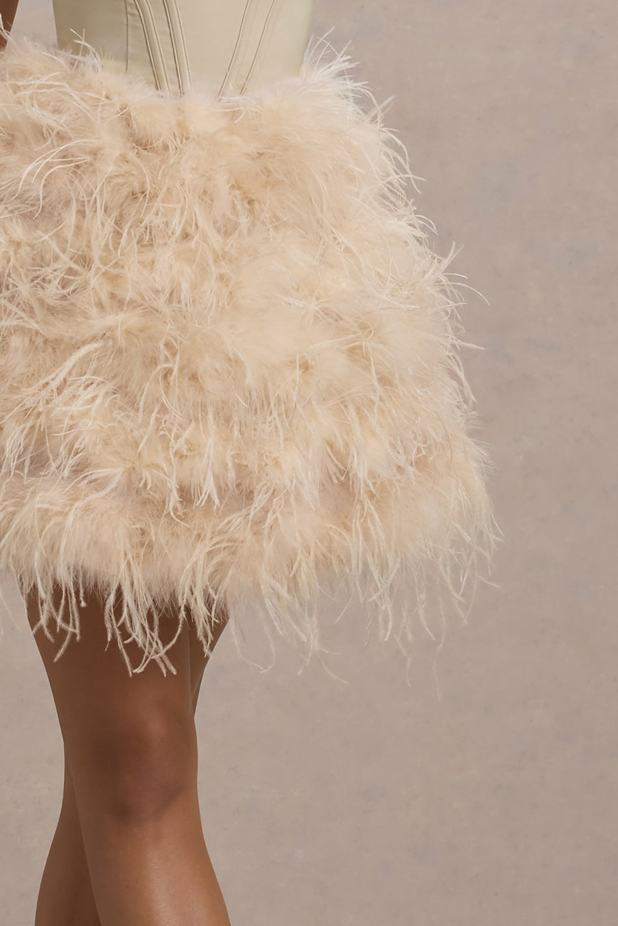 Peaches | Champagne Strapless Mini Dress With Volume Feather Hem - Club L London - AUS