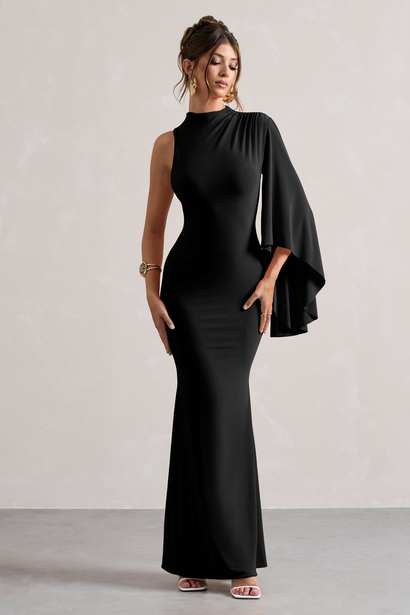 Samaya Black High-Neck Cape-Sleeve Maxi Dress – Club L London - AUS