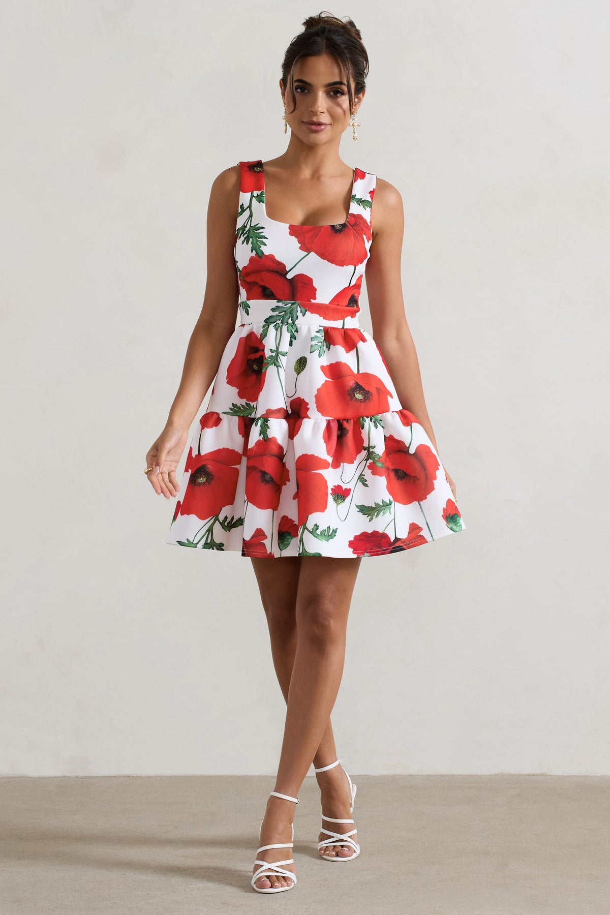 Alia | Poppy Print Scoop-Neck Tiered Volume Hem Mini Dress - Club L London - AUS