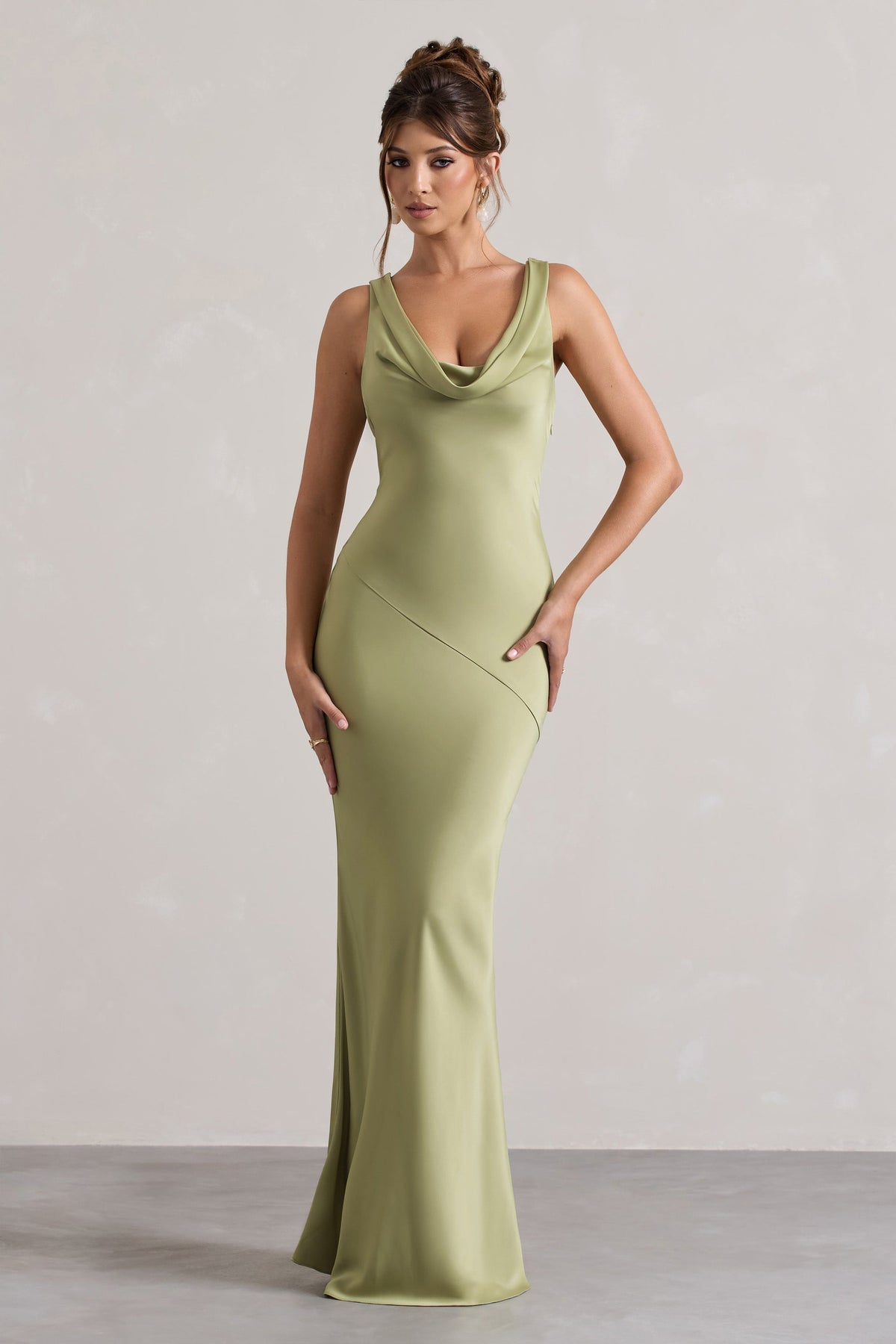 Alesso Light Olive Satin Cowl-Neck Maxi Dress Club L London - AUS Alesso Light Olive Satin Cowl-Neck Maxi Dress Club L London - AUS
