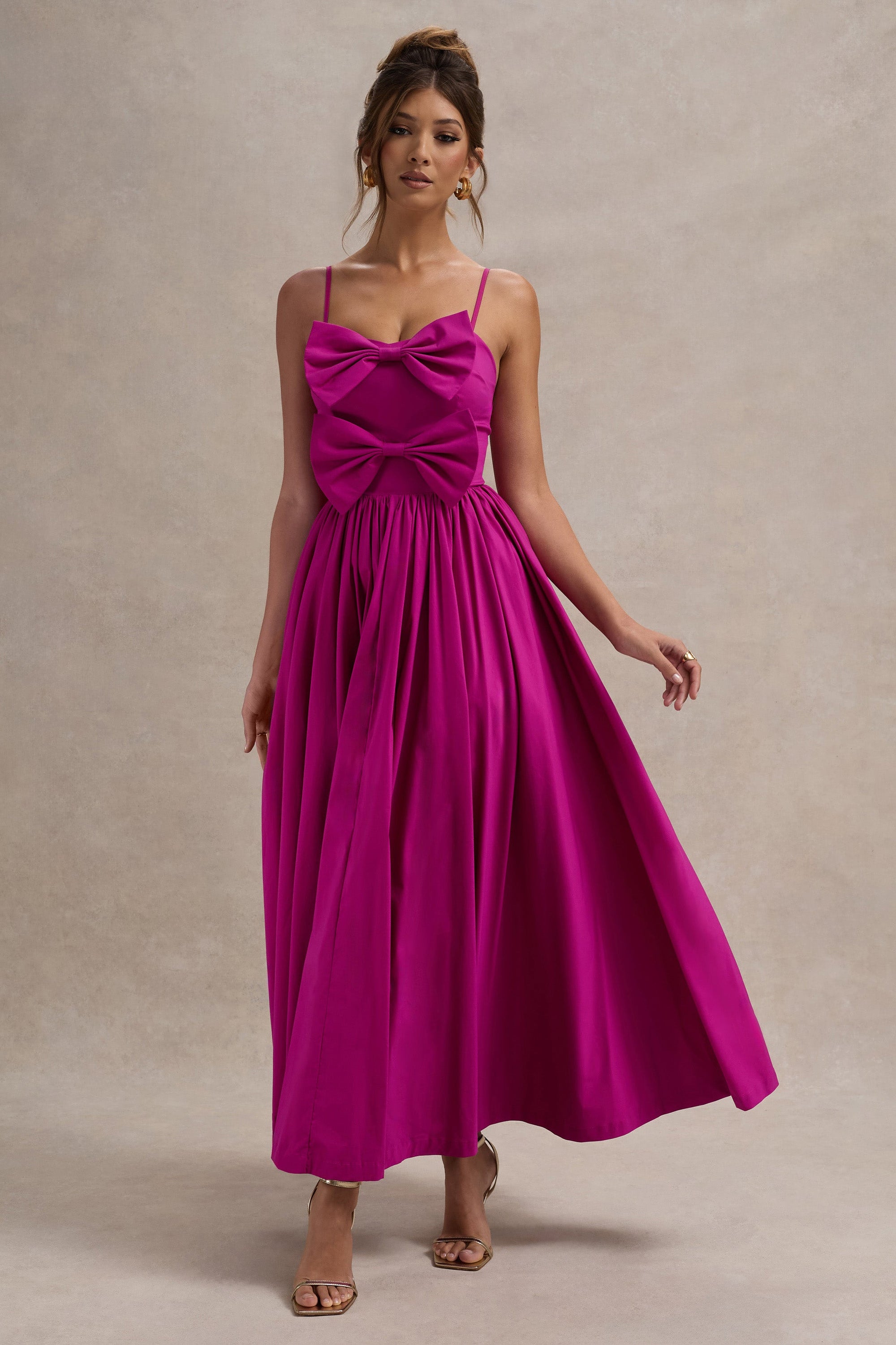 Loved Up | Fuschia Pink Strappy Pleated Maxi Dress With Bows - Club L London - AUS