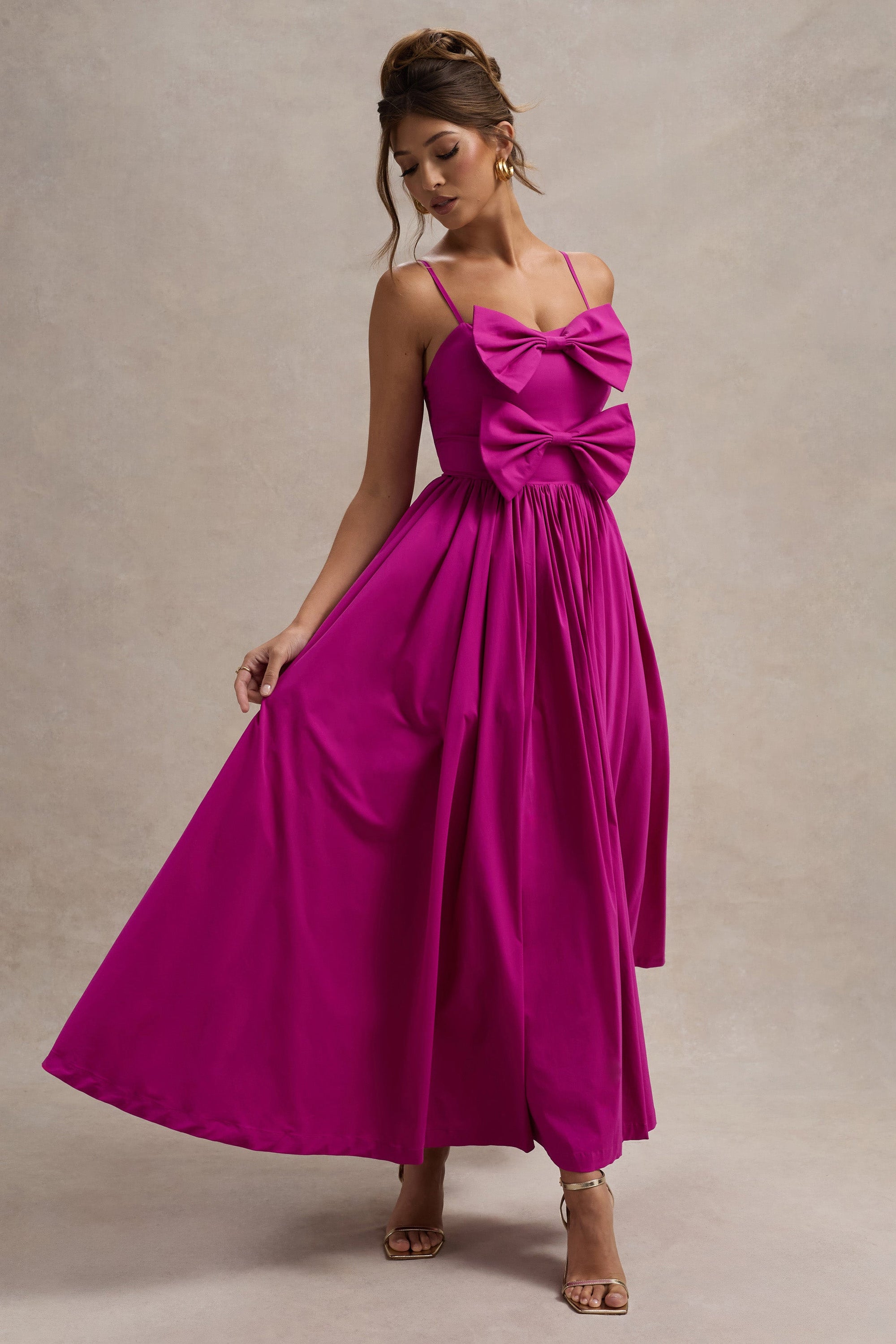 Loved Up | Fuschia Pink Strappy Pleated Maxi Dress With Bows - Club L London - AUS