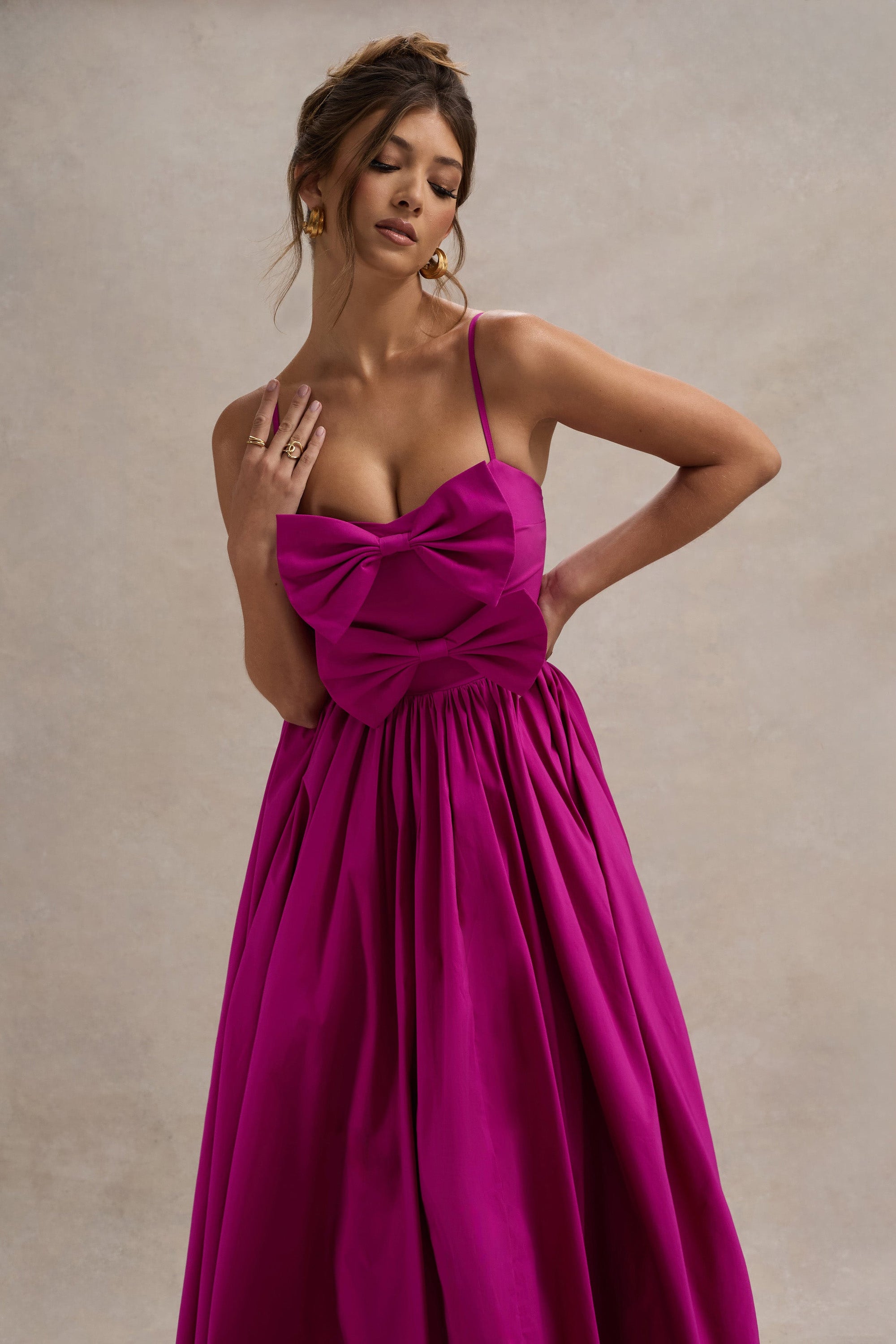 Loved Up | Fuschia Pink Strappy Pleated Maxi Dress With Bows - Club L London - AUS