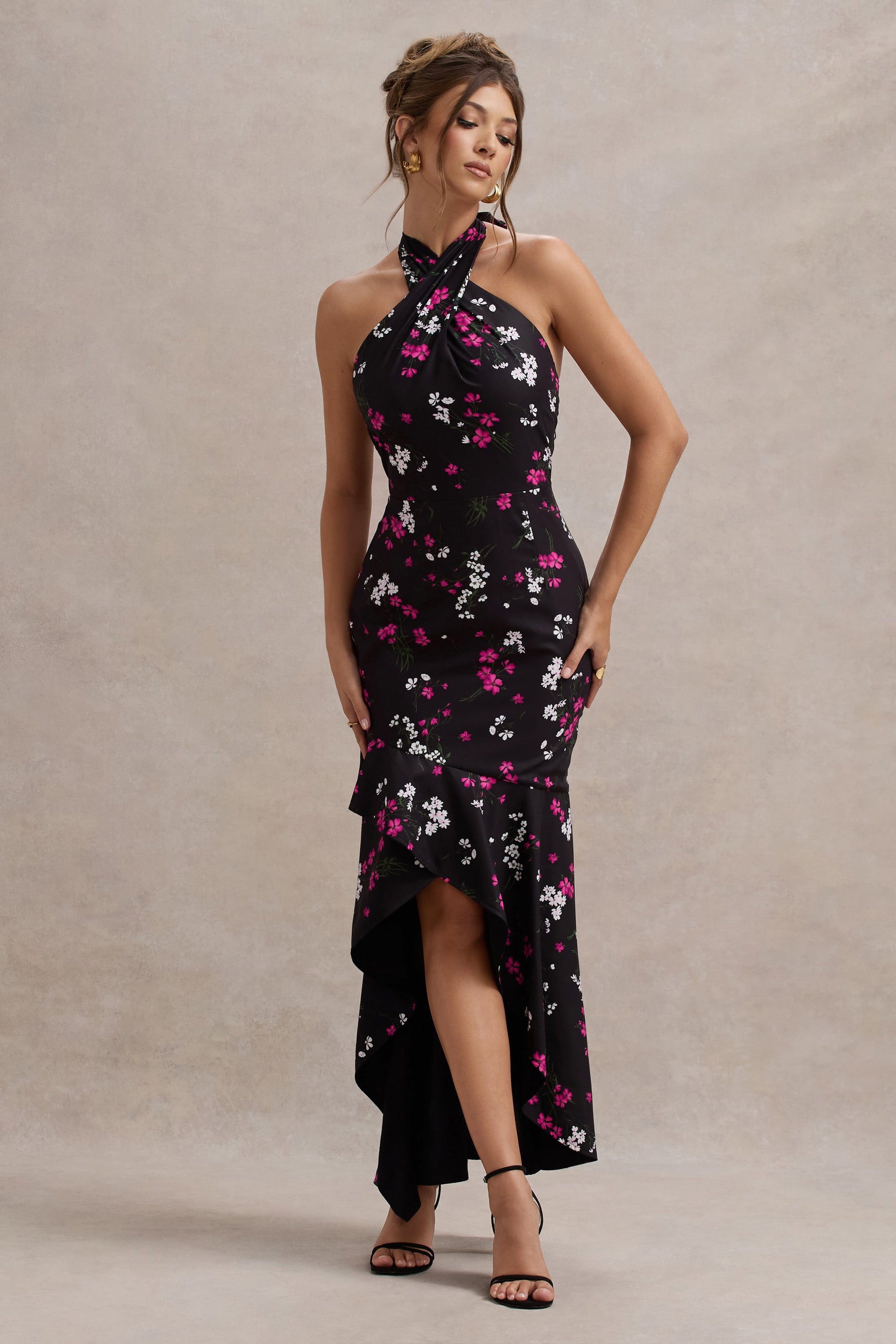Melodia | Black Ditsy Floral Print Satin Halter-Neck Ruffled Maxi Dress - Club L London - AUS