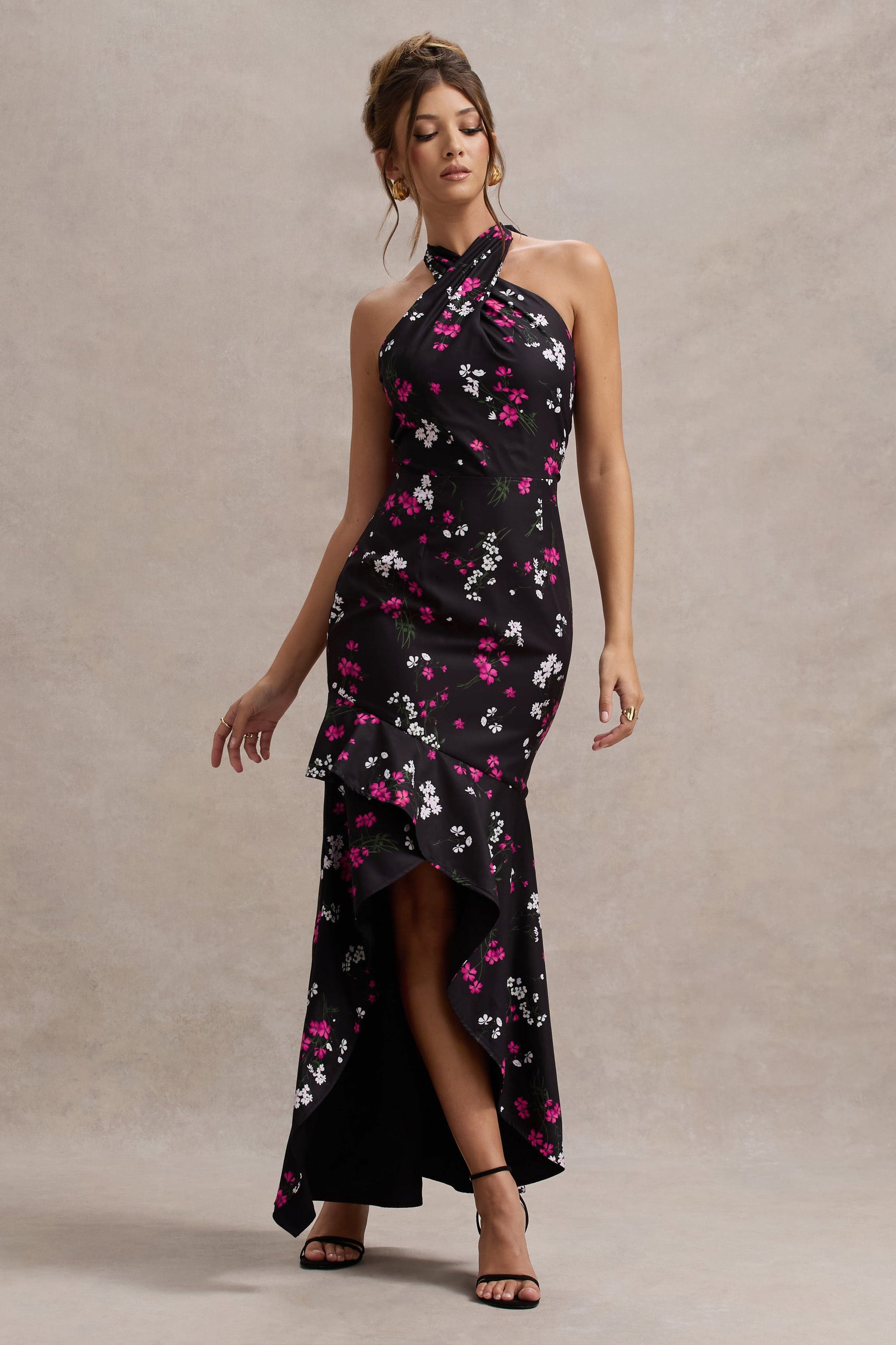 Melodia | Black Ditsy Floral Print Satin Halter-Neck Ruffled Maxi Dress - Club L London - AUS