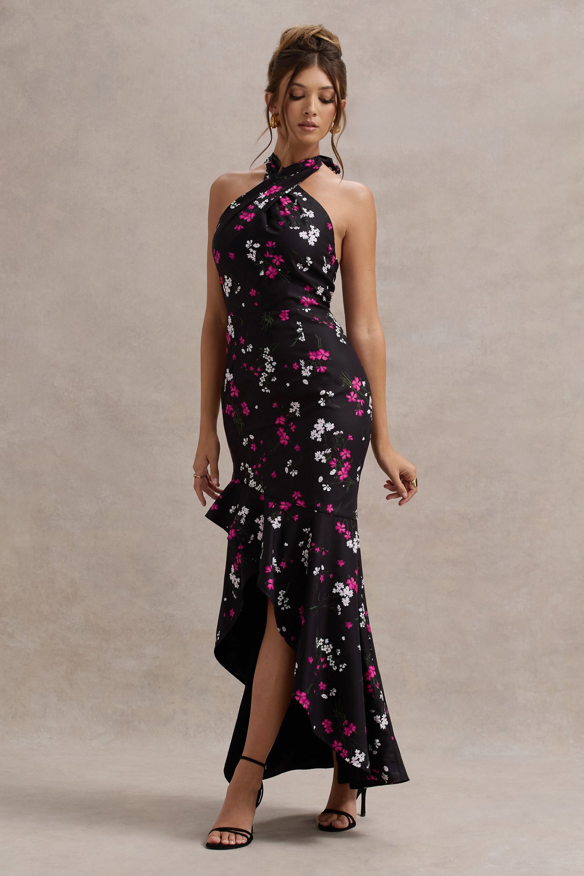 Melodia | Black Ditsy Floral Print Satin Halter-Neck Ruffled Maxi Dress - Club L London - AUS