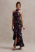 Melodia | Black Ditsy Floral Print Satin Halter-Neck Ruffled Maxi Dress