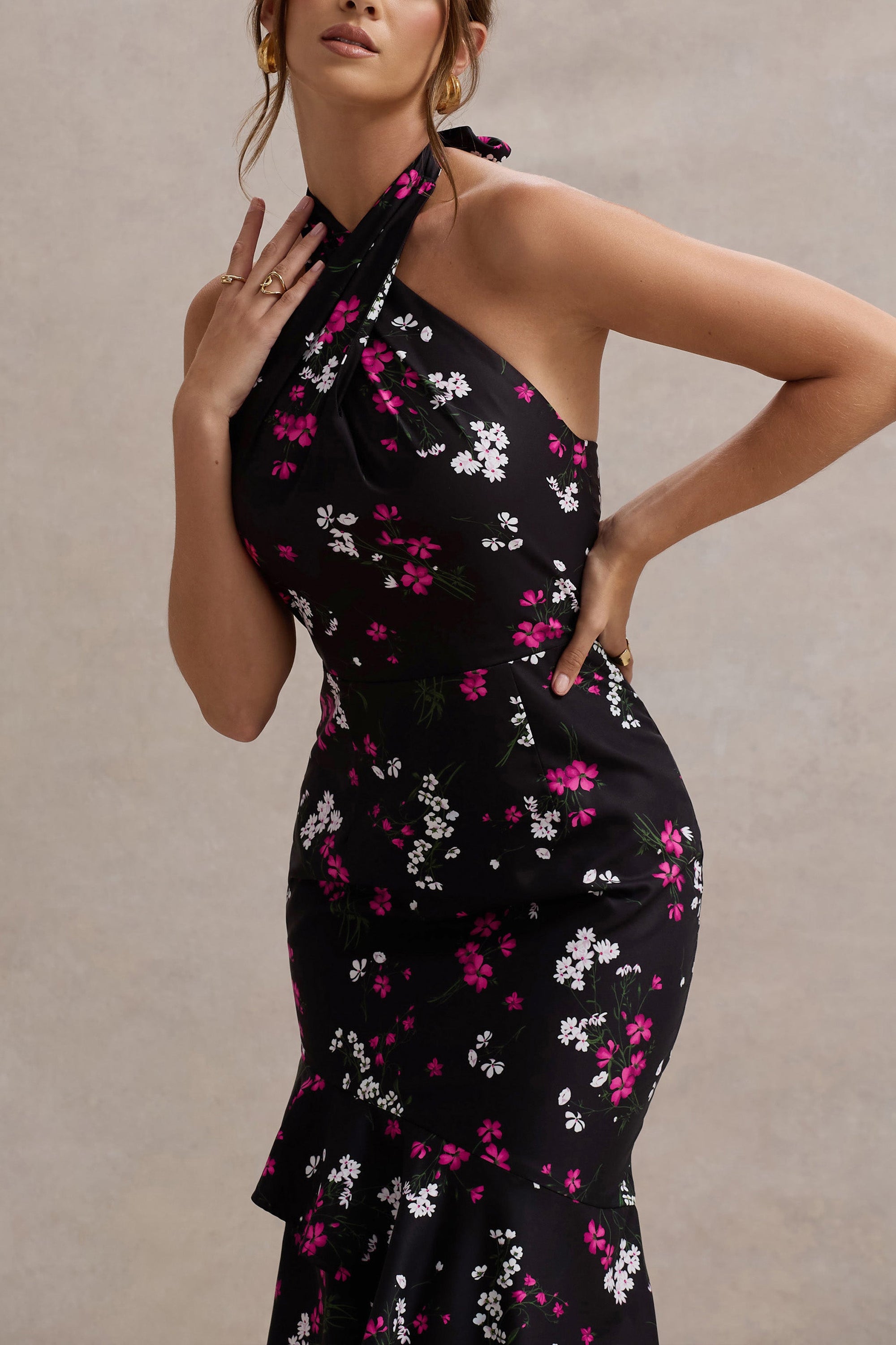 Melodia | Black Ditsy Floral Print Satin Halter-Neck Ruffled Maxi Dress - Club L London - AUS