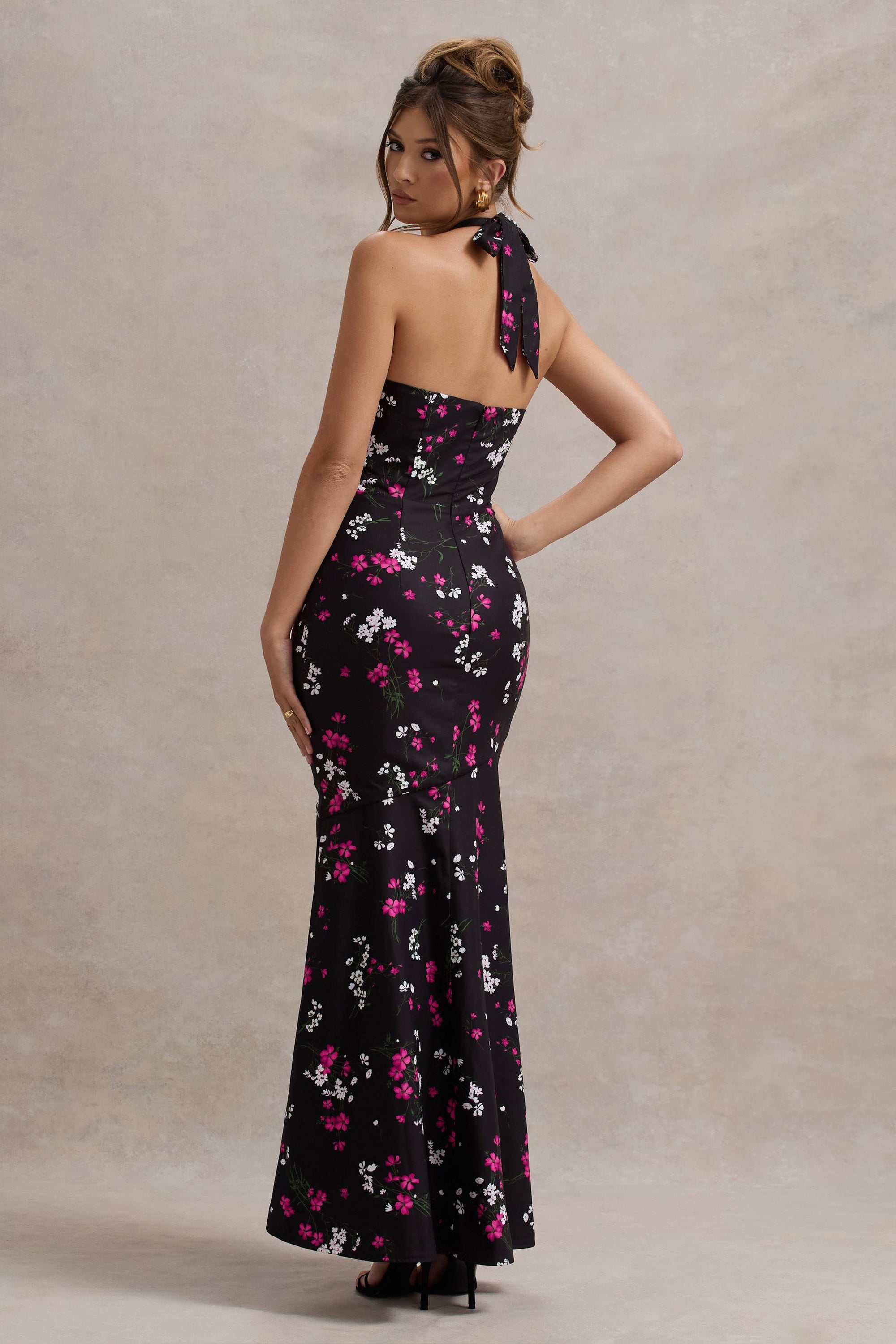 Melodia | Black Ditsy Floral Print Satin Halter-Neck Ruffled Maxi Dress - Club L London - AUS
