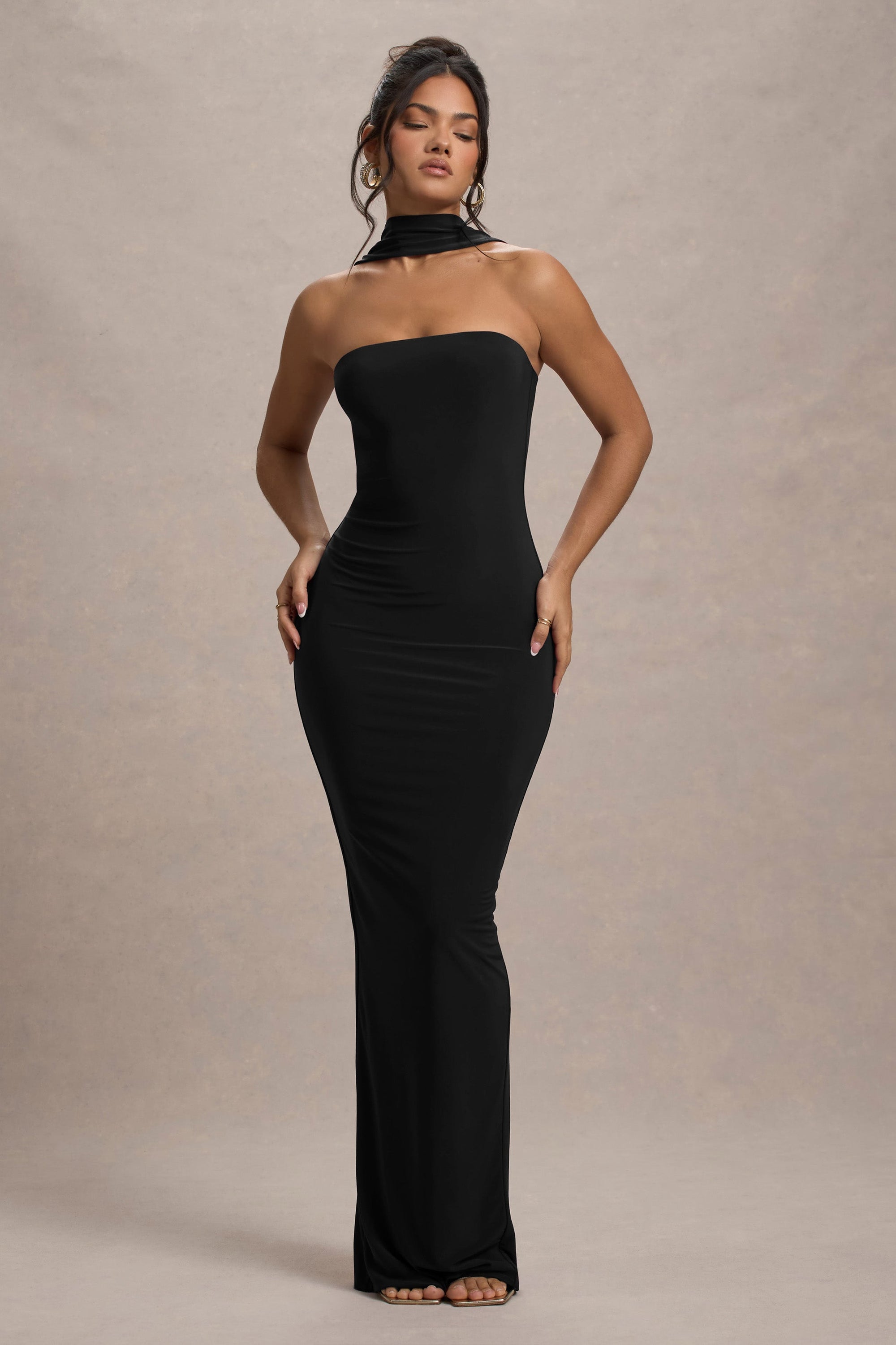 Nobu | Black Bandeau Maxi Dress With Halter-Collar - Club L London - AUS