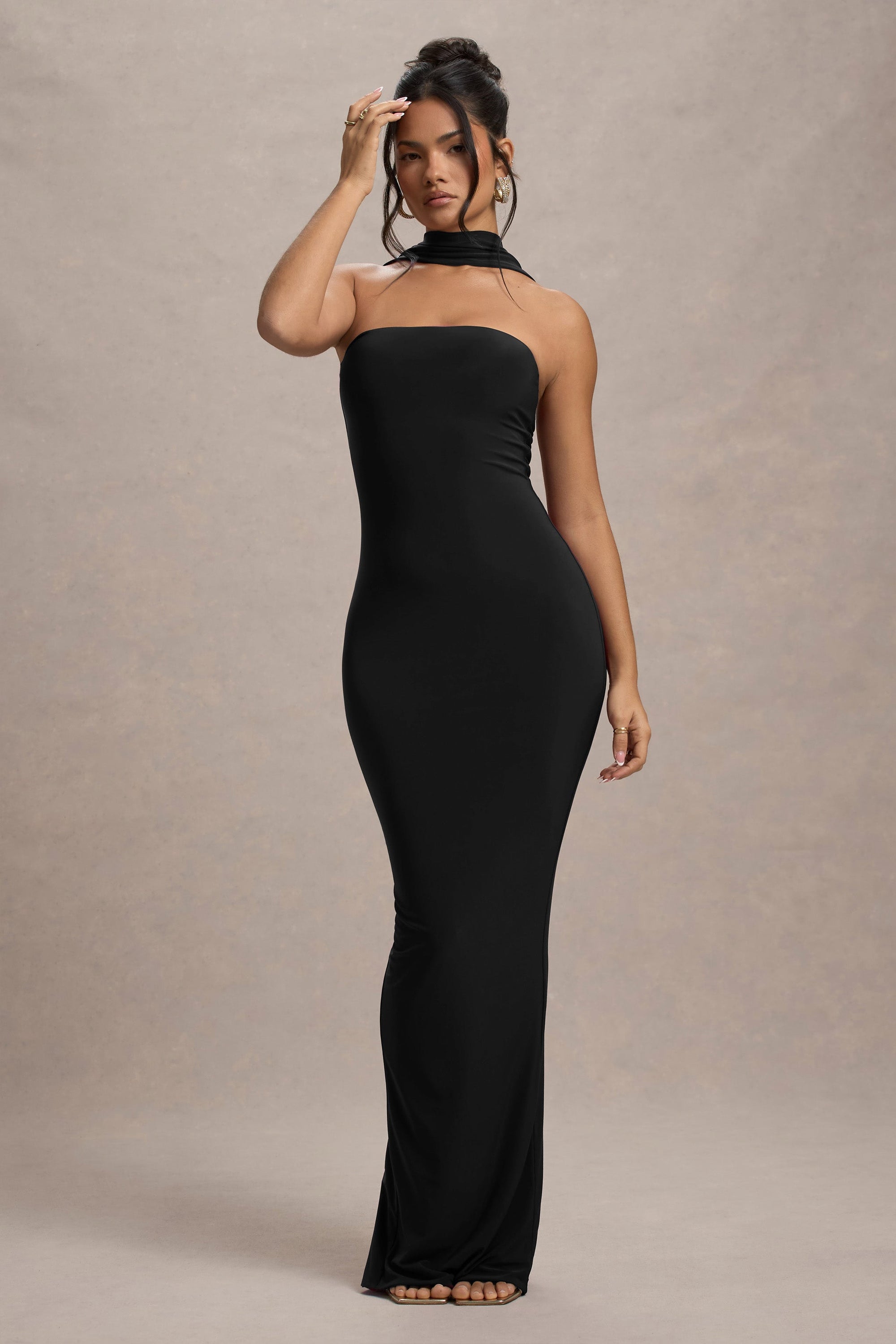 Nobu | Black Bandeau Maxi Dress With Halter-Collar - Club L London - AUS