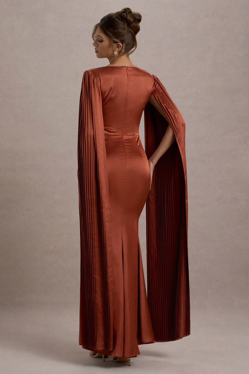 Saloma Rust Satin SquareNeck Maxi Dress With Cape Sleeves Club L