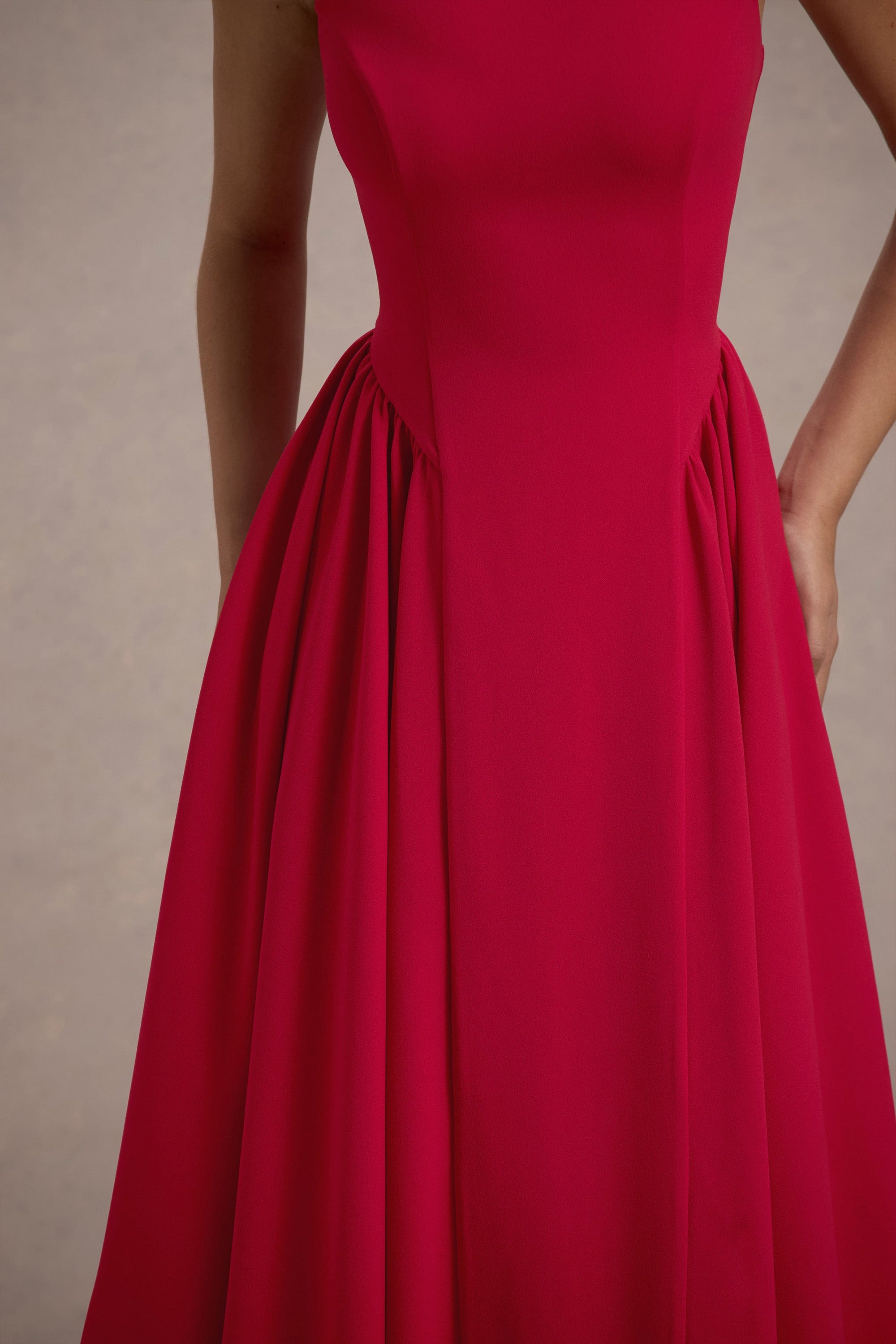 Muriel | Red Boat-Neck Volume-Hem Midi Dress - Club L London - AUS