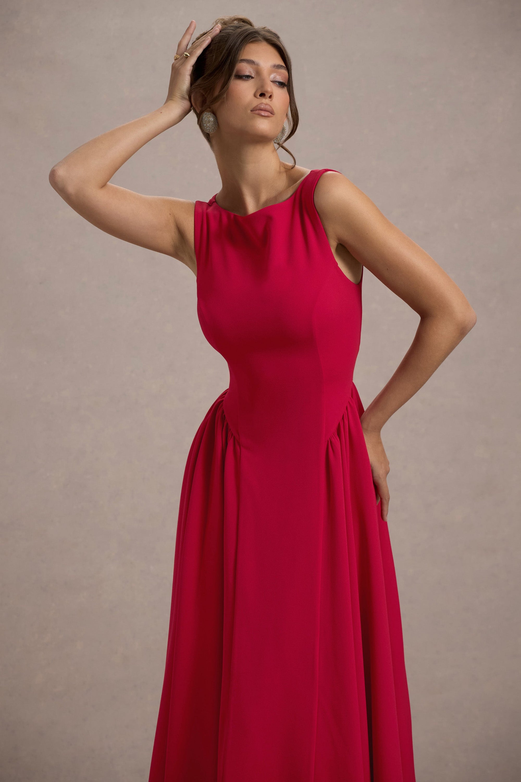 Muriel | Red Boat-Neck Volume-Hem Midi Dress - Club L London - AUS