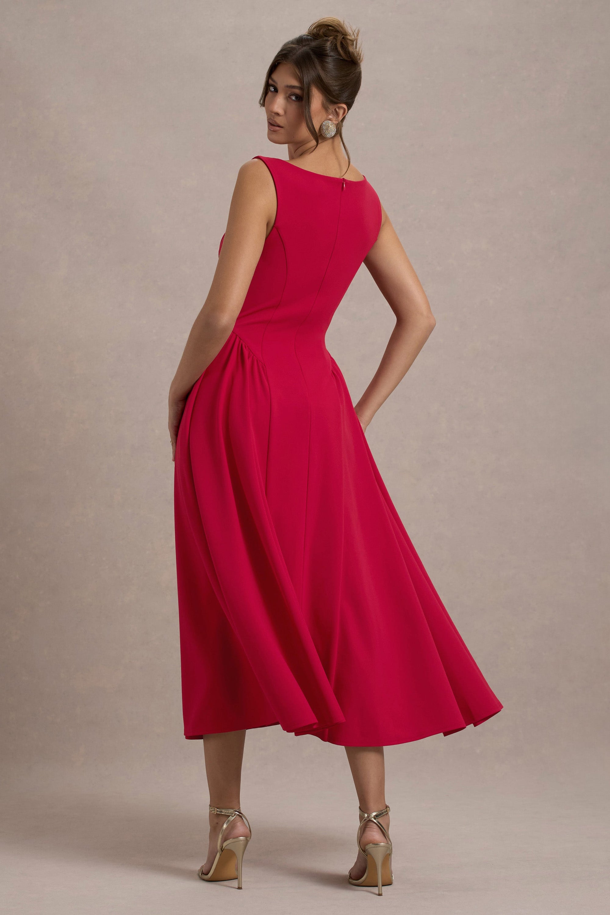 Muriel | Red Boat-Neck Volume-Hem Midi Dress - Club L London - AUS