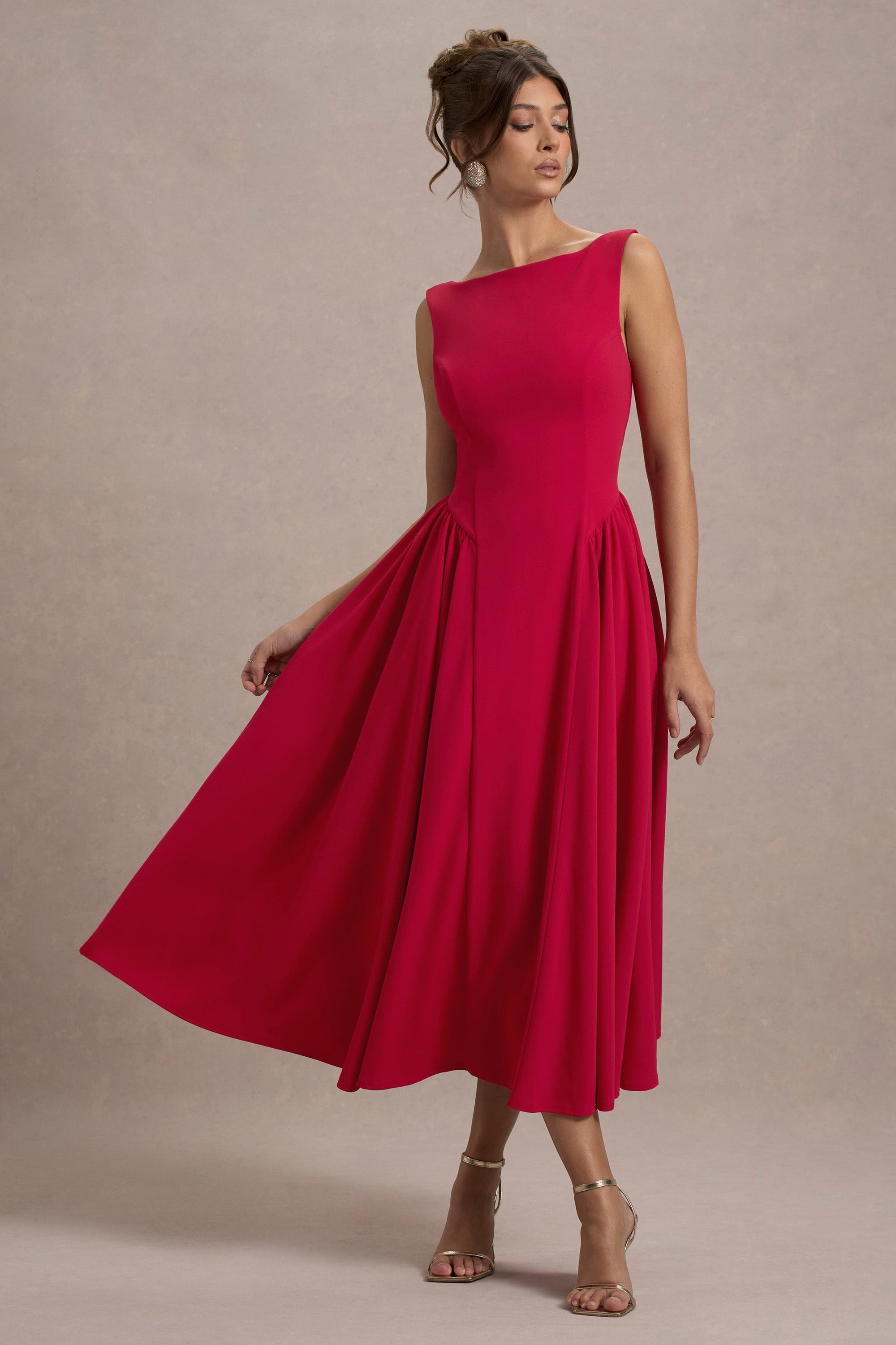 Muriel | Red Boat-Neck Volume-Hem Midi Dress - Club L London - AUS