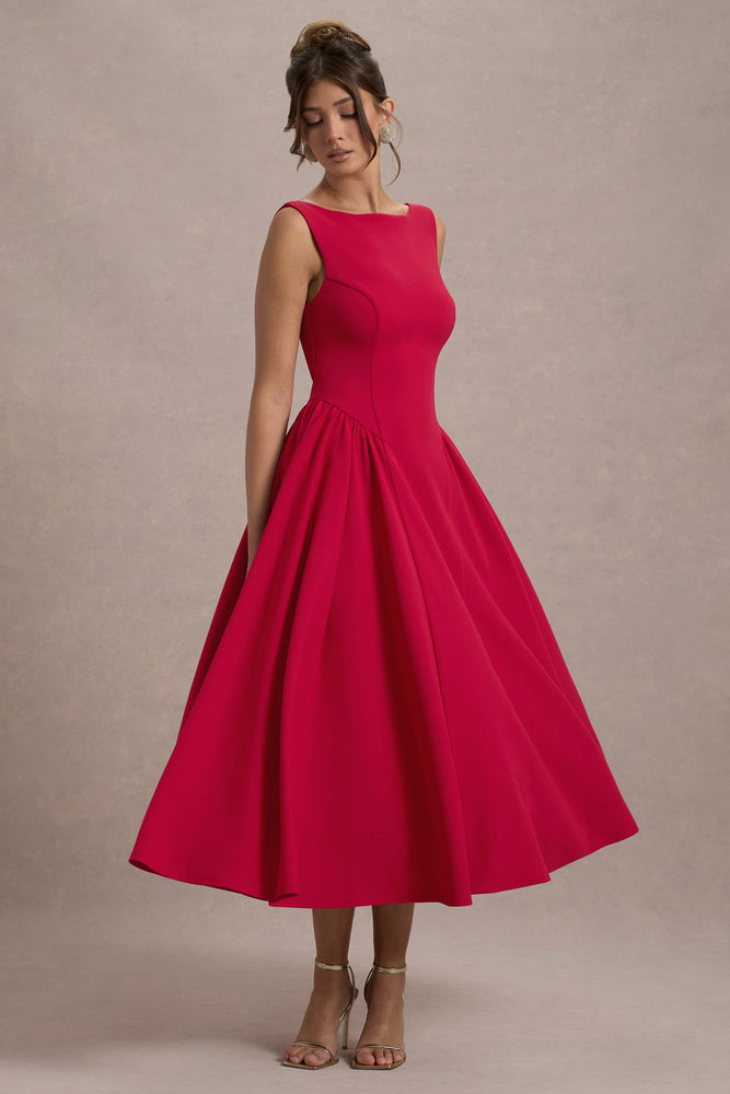Muriel Red Boat-Neck Volume-Hem Midi Dress – Club L London AUS