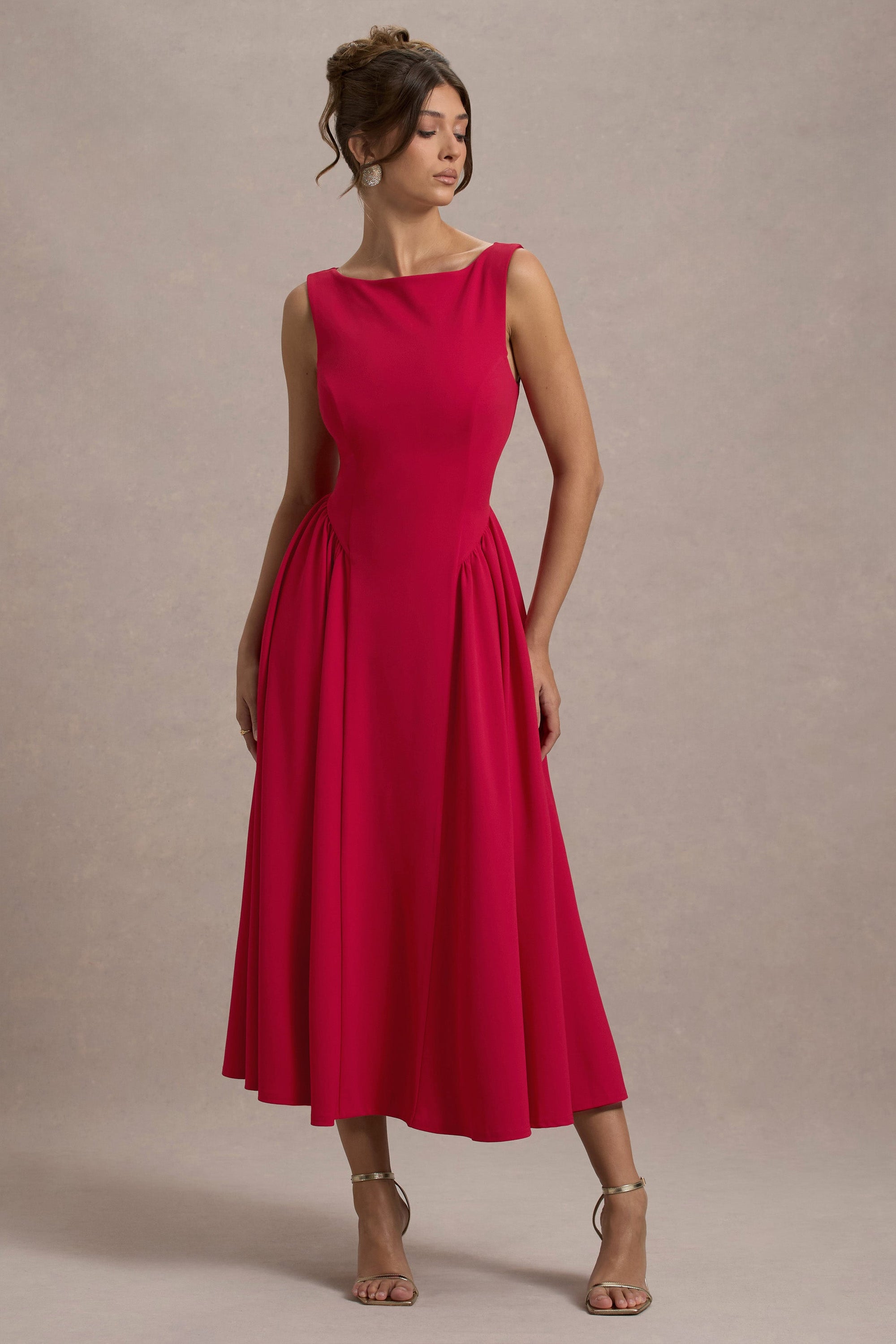 Muriel | Red Boat-Neck Volume-Hem Midi Dress - Club L London - AUS