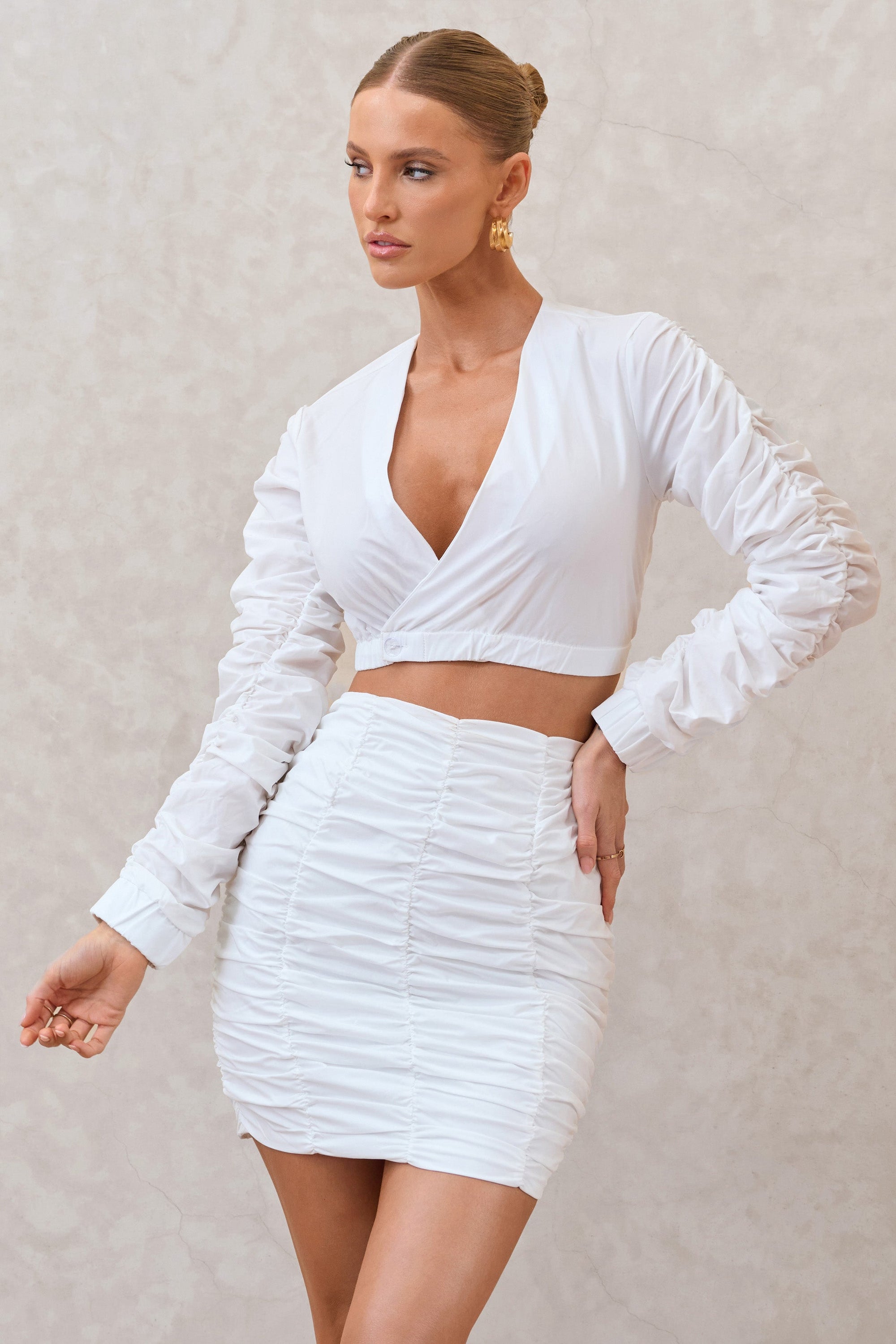 Sundown | White Ruched Sleeve Wrap Detail Cropped Shirt - Club L London - AUS