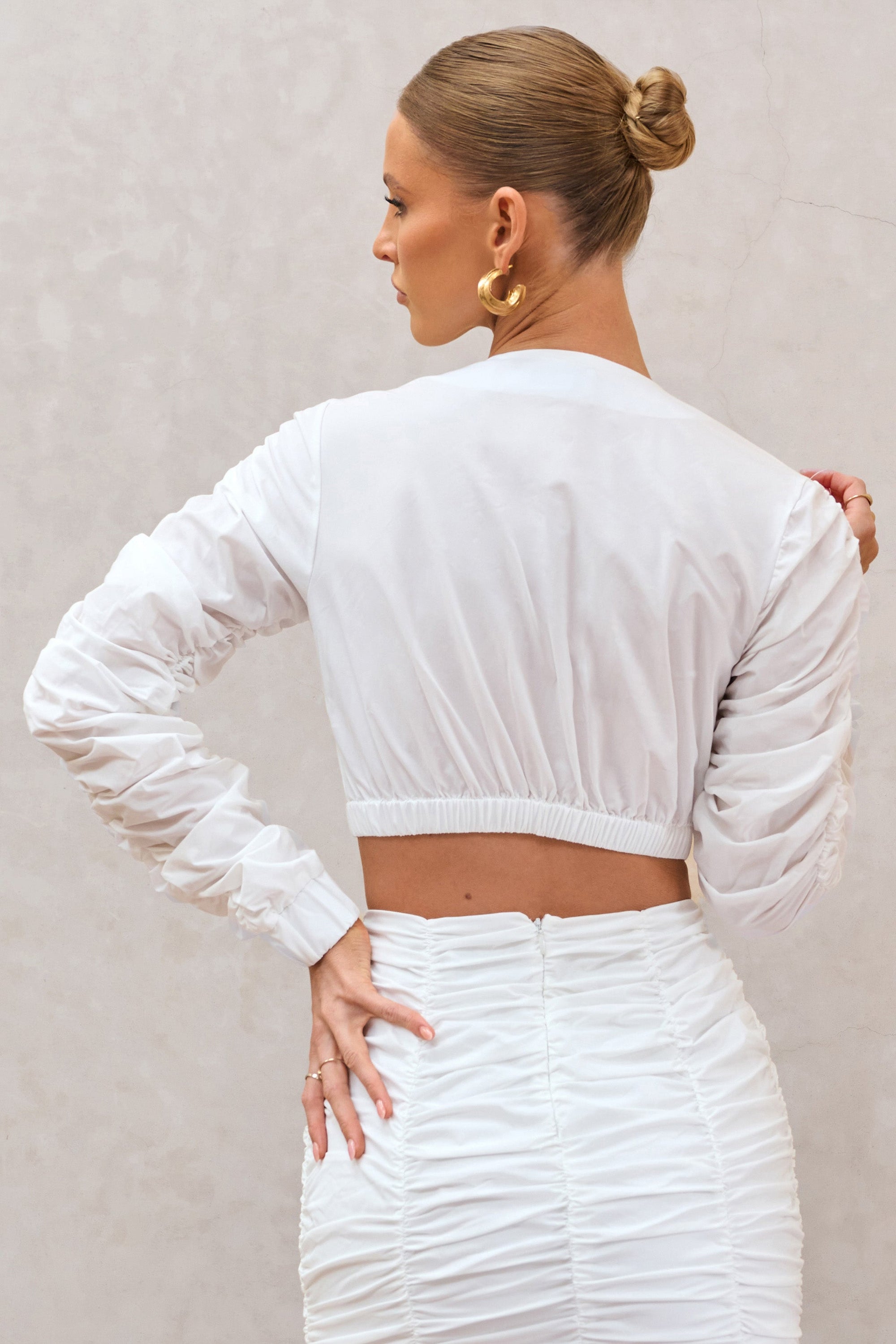 Sundown | White Ruched Sleeve Wrap Detail Cropped Shirt - Club L London - AUS