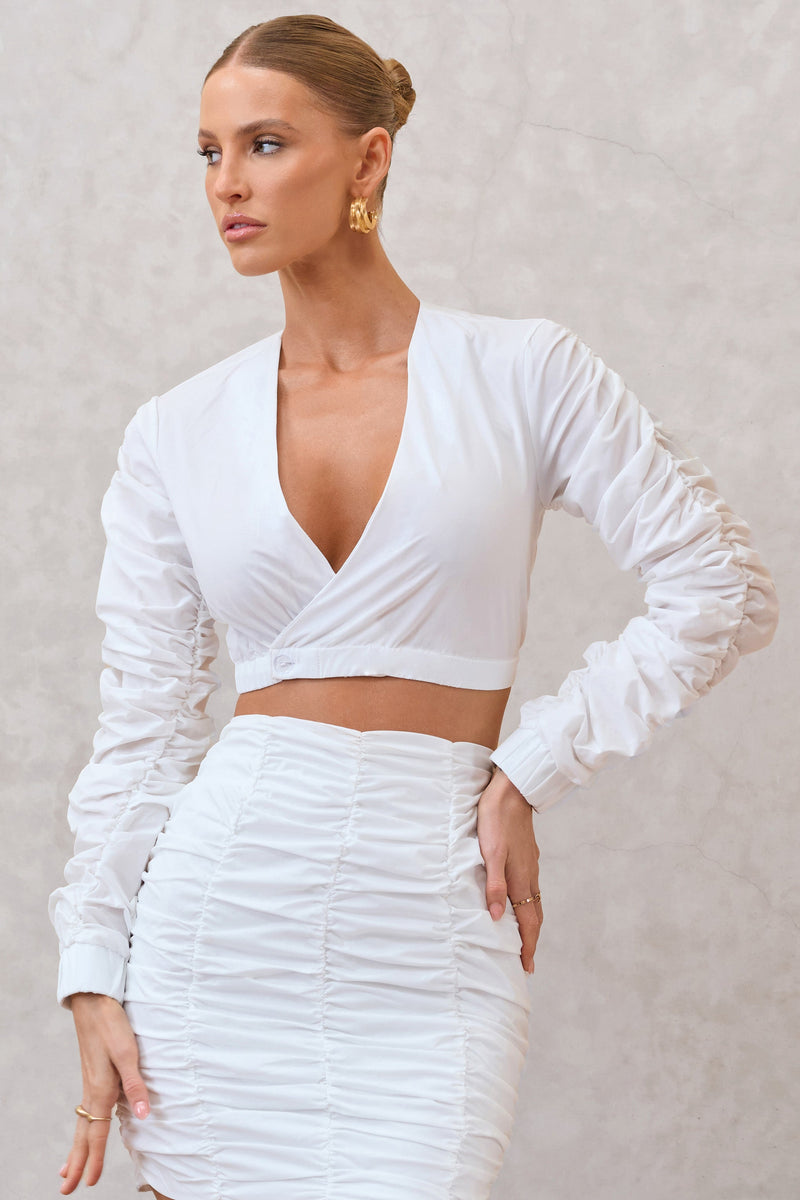 Sundown | White Ruched Sleeve Wrap Detail Cropped Shirt - Club L London - AUS