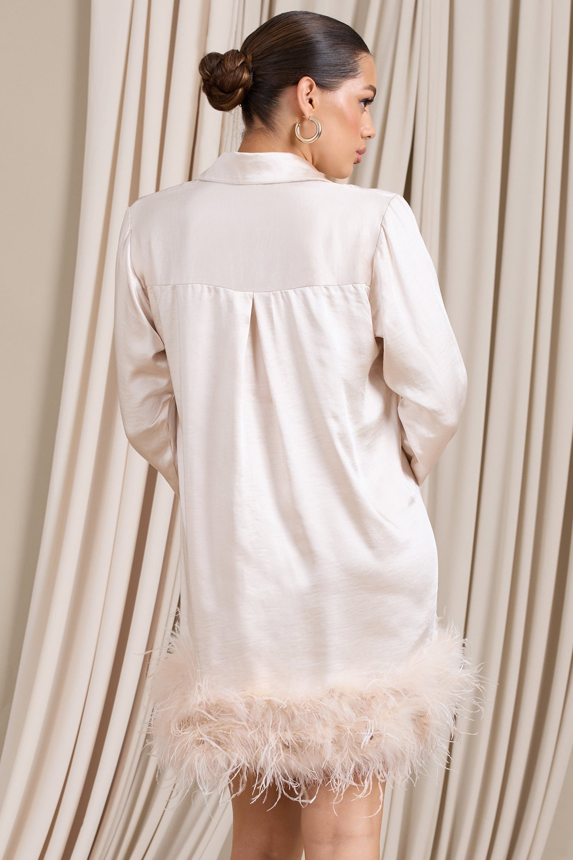 Step It Up | Ivory Satin Shirt Mini Dress With Feather Trim - Club L London - AUS