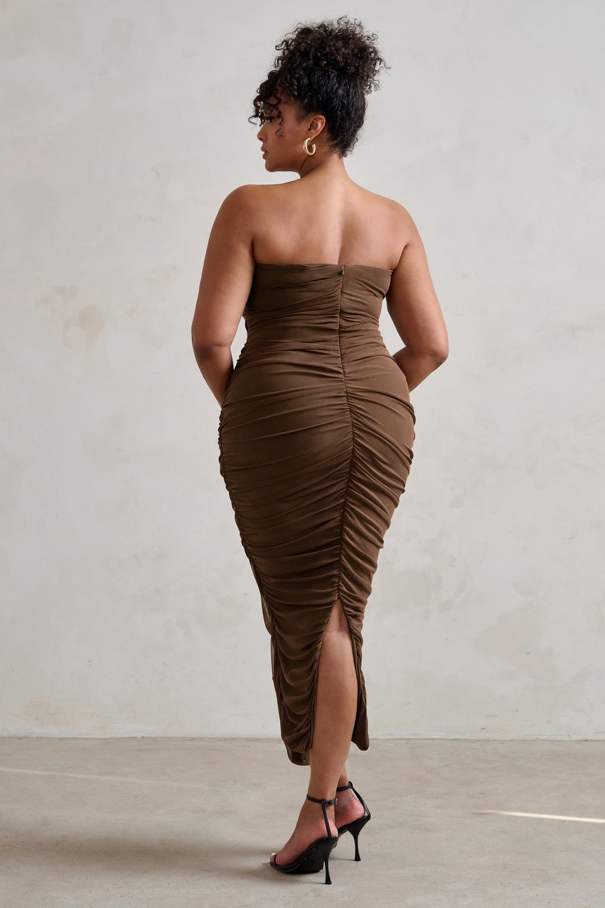 My Lady Chocolate Brown Strapless Bodycon Ruched Mesh Maxi Dress
