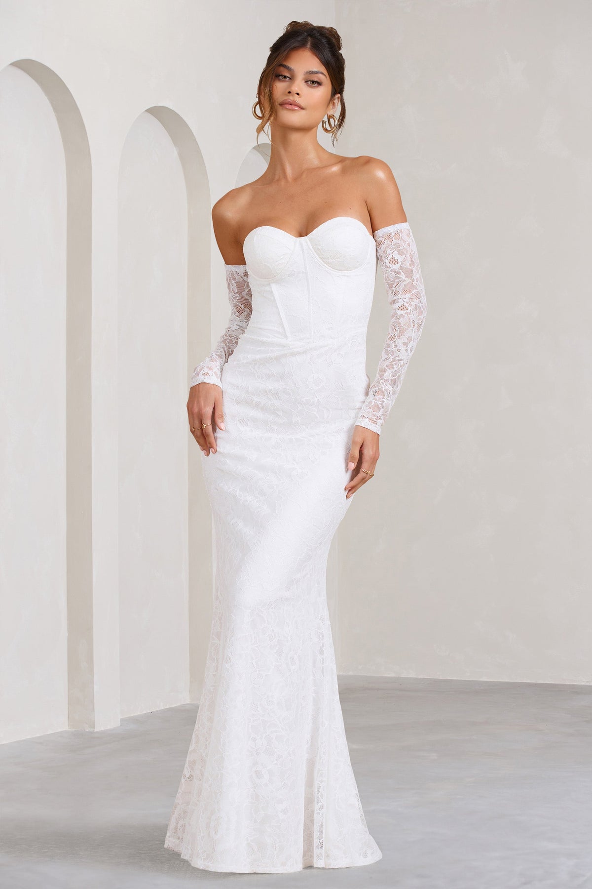 Aniyah White Lace Bandeau Neckline Corset Fishtail Maxi Dress With