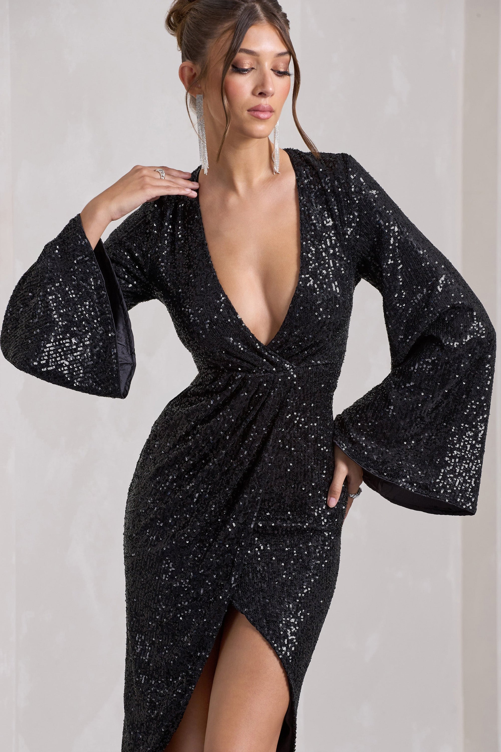 Amber | Black Sequin Plunge Wrap Midi Dress - Club L London - AUS