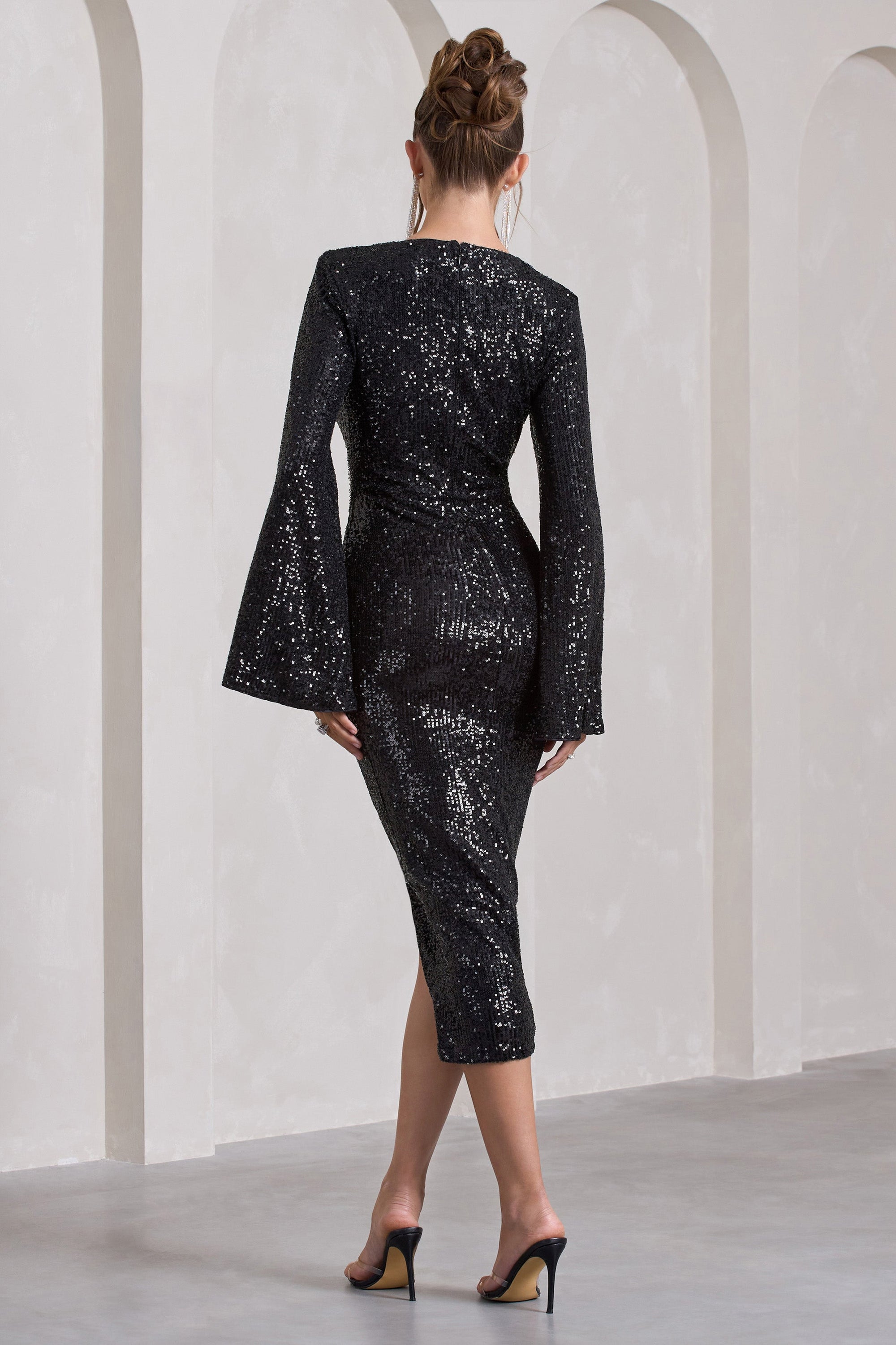 Amber | Black Sequin Plunge Wrap Midi Dress - Club L London - AUS