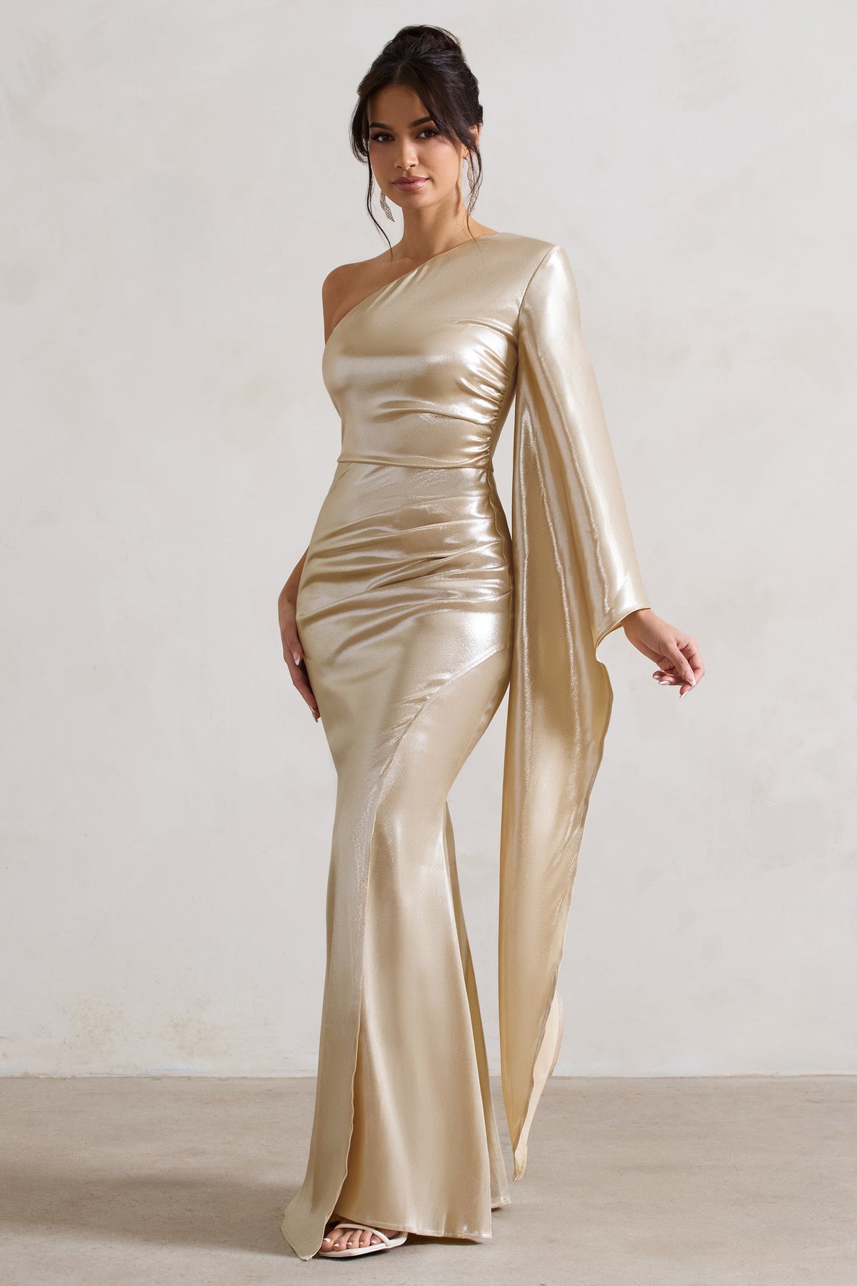 Bex Champagne One Shoulder Cape Maxi Dress with Ruched Waist and