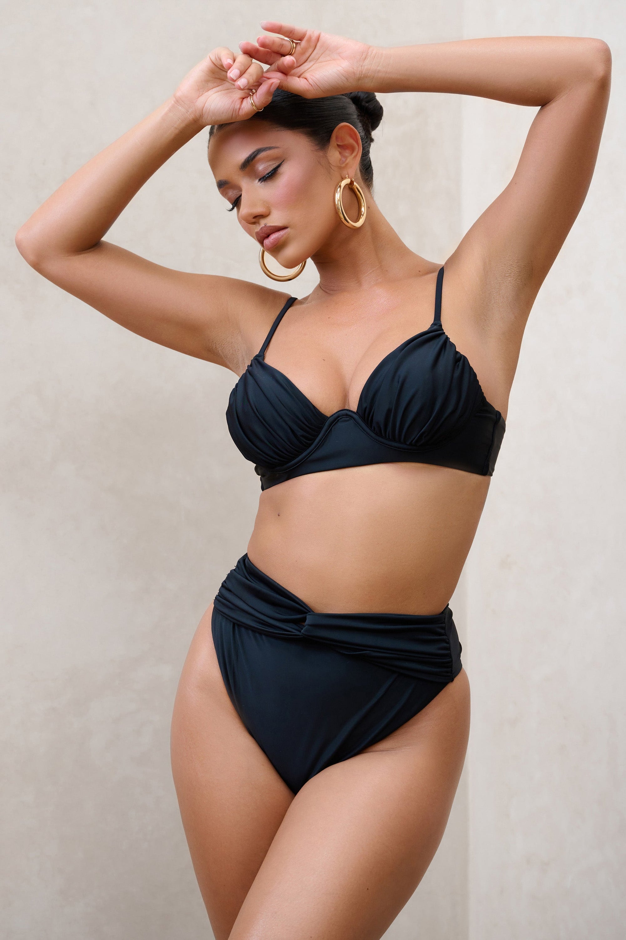 High Tide | Black High Waisted Twist Front Bikini Bottoms - Club L London - AUS