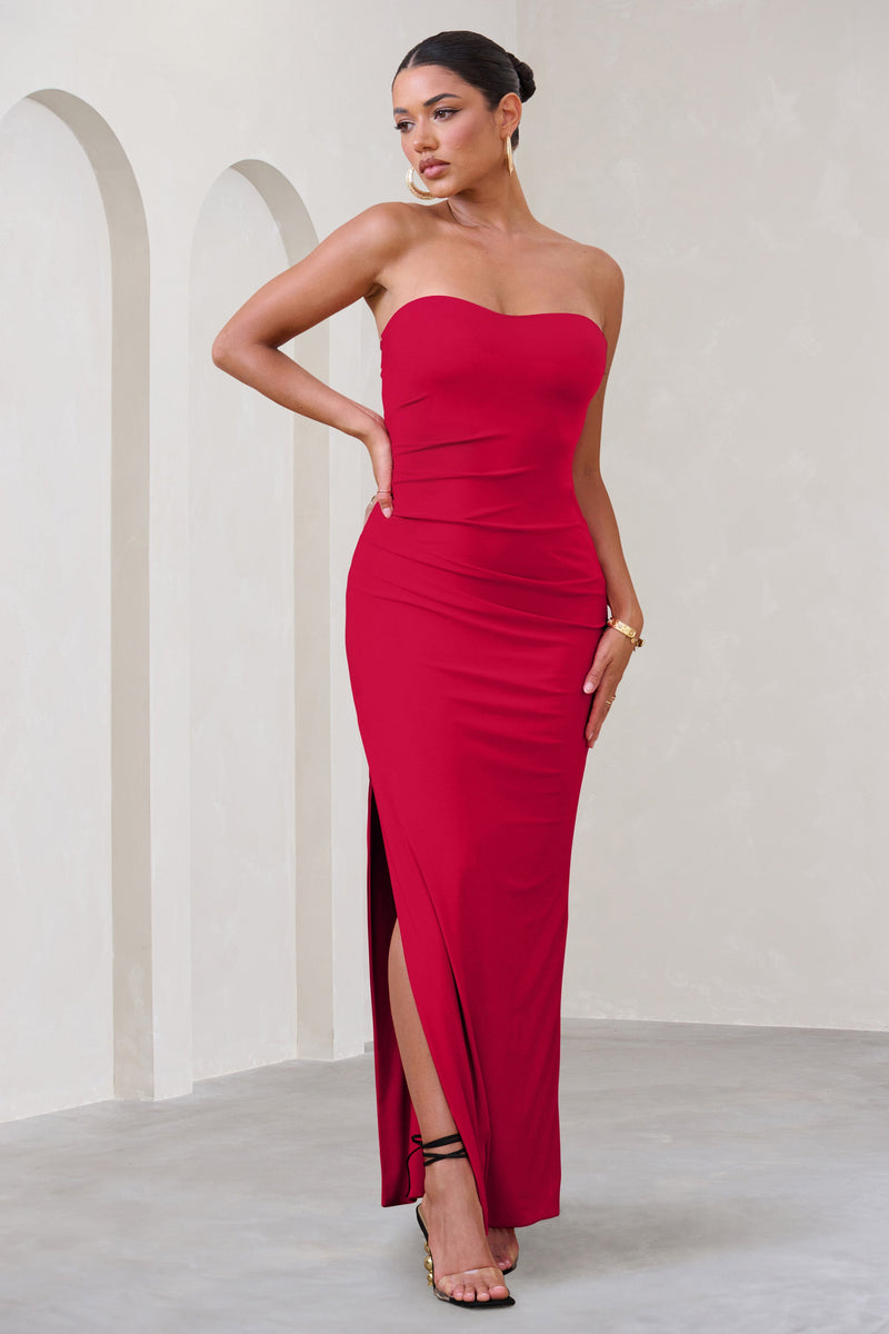 Manon Red Sweetheart Bandeau Maxi Dress With Thigh Split – Club L ...