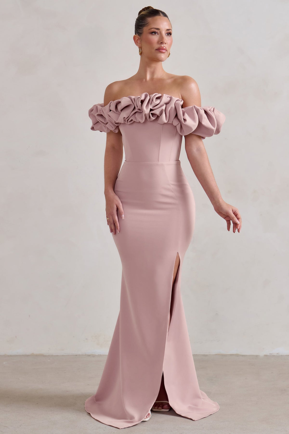 Esmeralda Blush Pink Structured Statement Bardot Maxi Dress